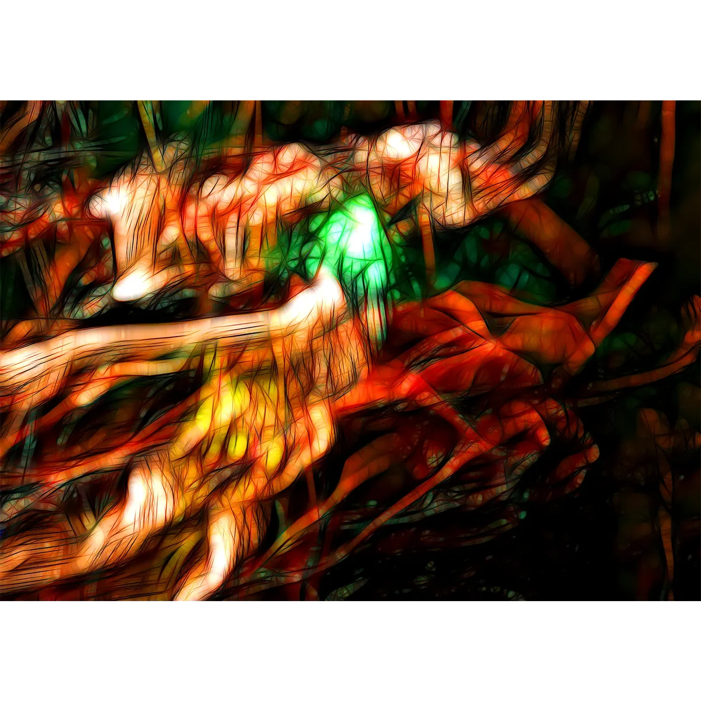 Abstract fractal art print of fiery orange and red etched textures swirling around a glowing neon green core.