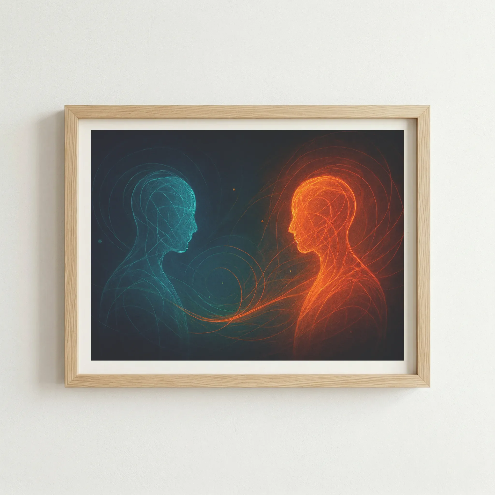 'Dialogue of Selves' fine art print in a natural wood frame, grounding the ethereal, energetic concept with a warm and organic finish.