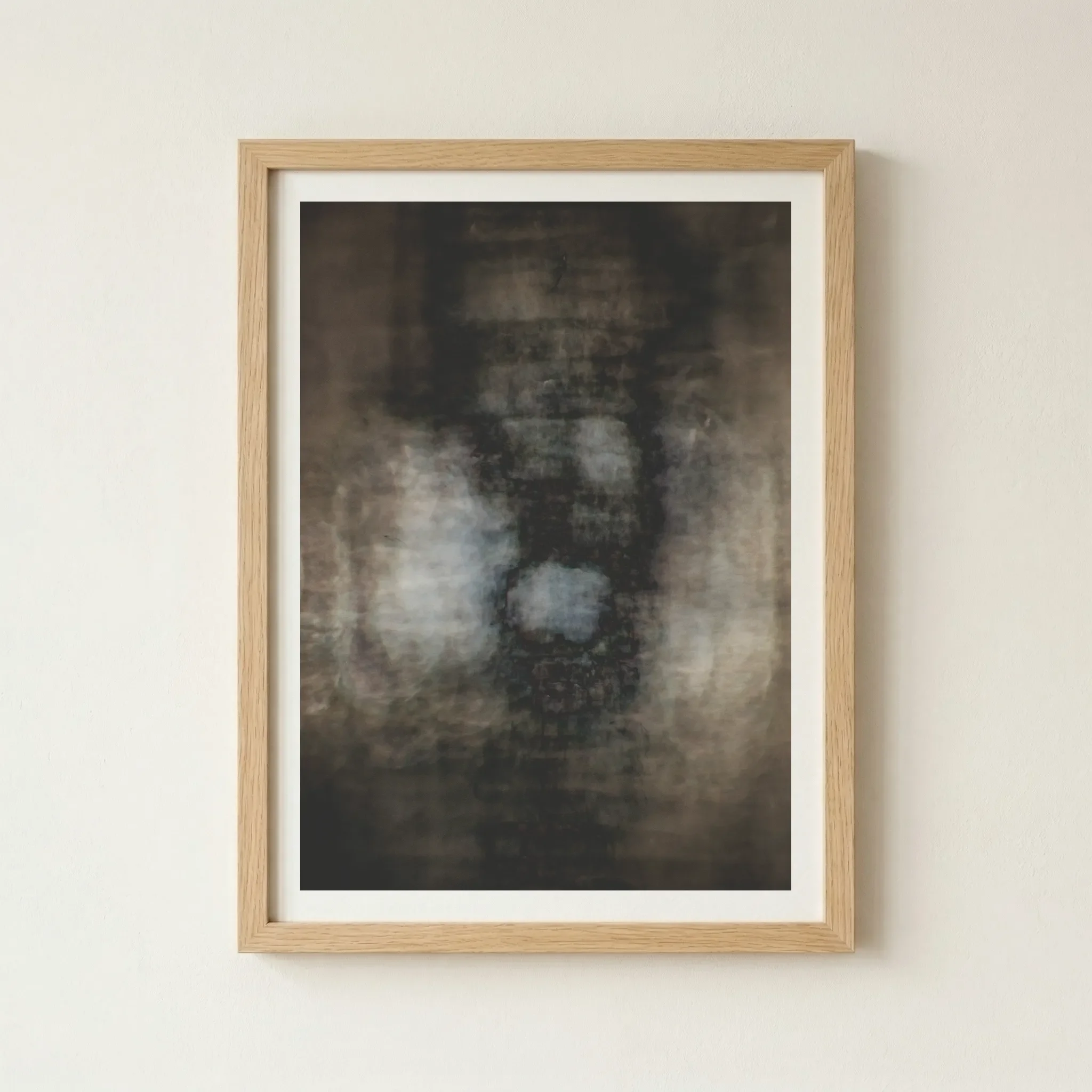 'Fear' fine art print in a natural wood frame, adding a grounding, organic element to the ethereal and heavy digital textures.