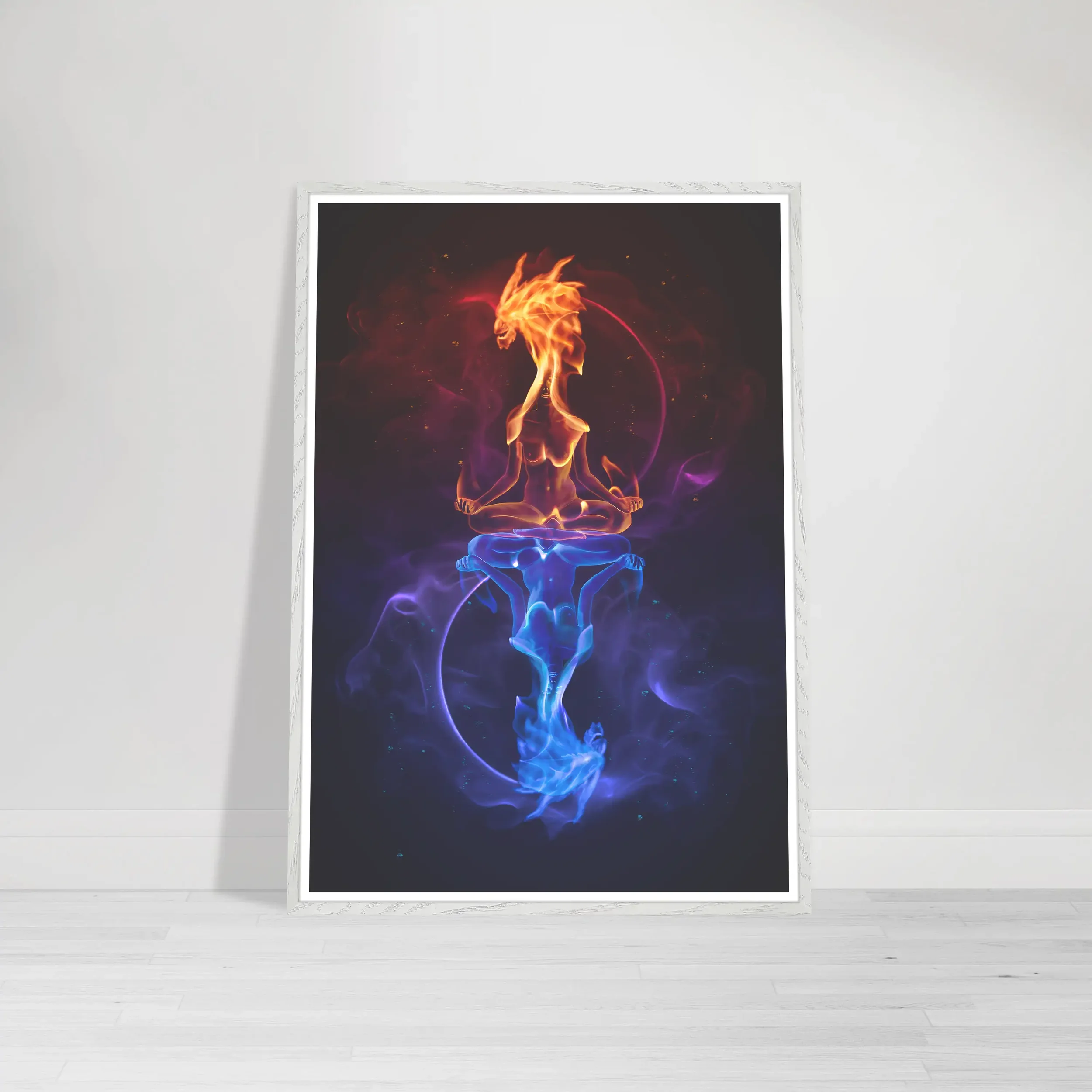 Meditation of Reflection artwork displayed in a modern white frame on a minimalist interior wall, abstract balance-themed fine art