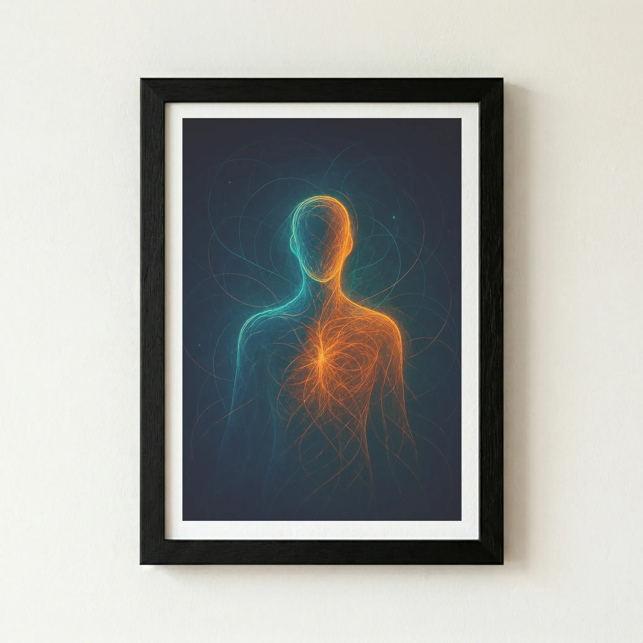 Becoming energy consciousness print in a premium black wooden frame, creating a cinematic border that makes the luminous orange core and blue currents pop.