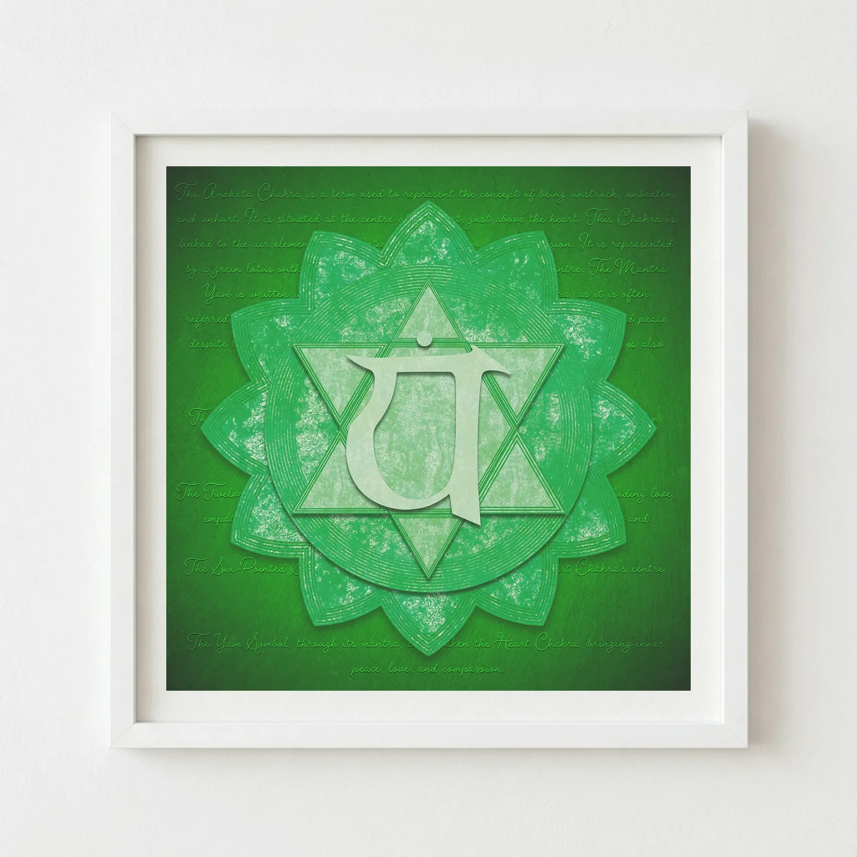 Anahata Heart Chakra art in a modern white wooden frame with a white mount, offering a clean and airy look.