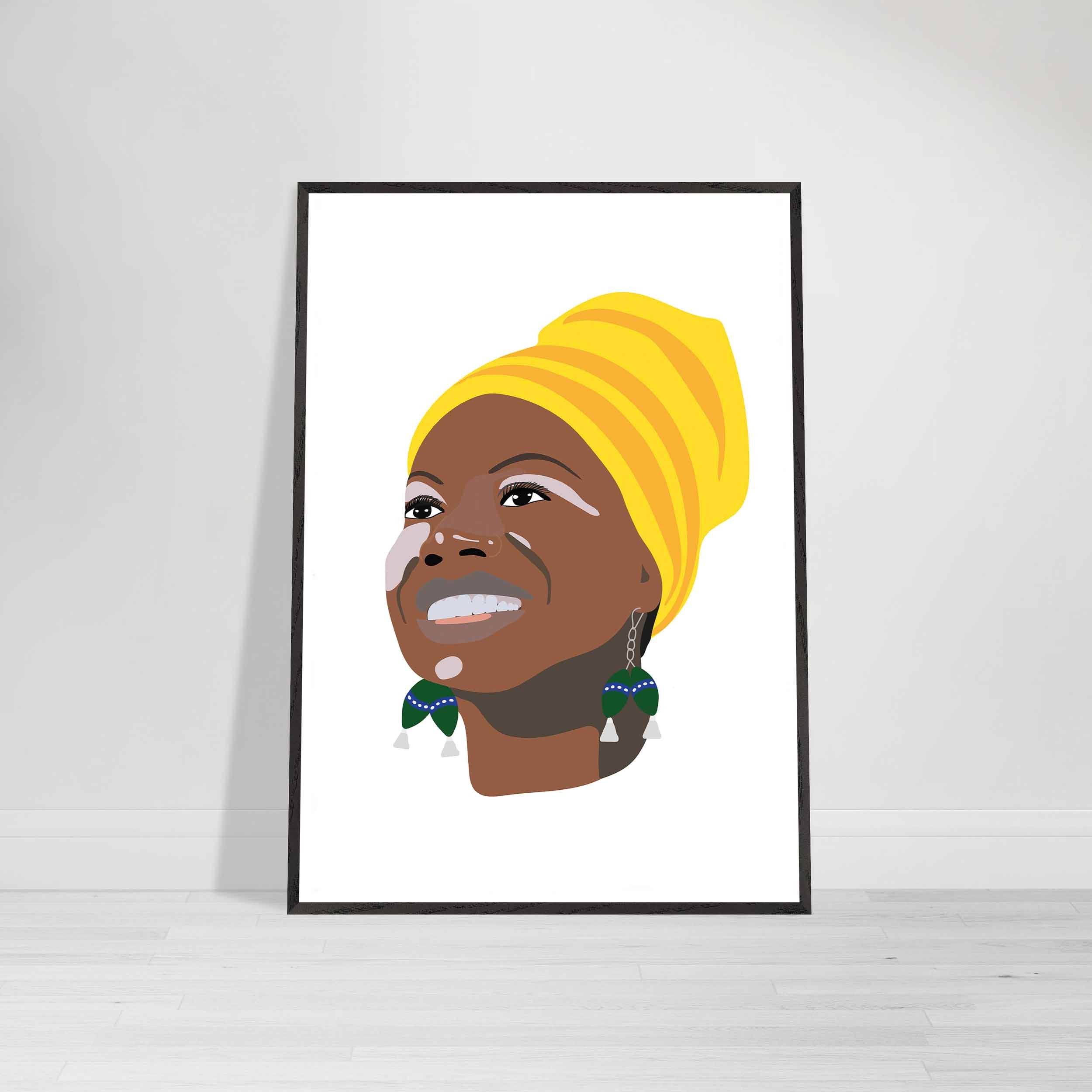 Fine art print of Nina Simone, illustrating her emotive expression and significance as a jazz musician and civil rights activist