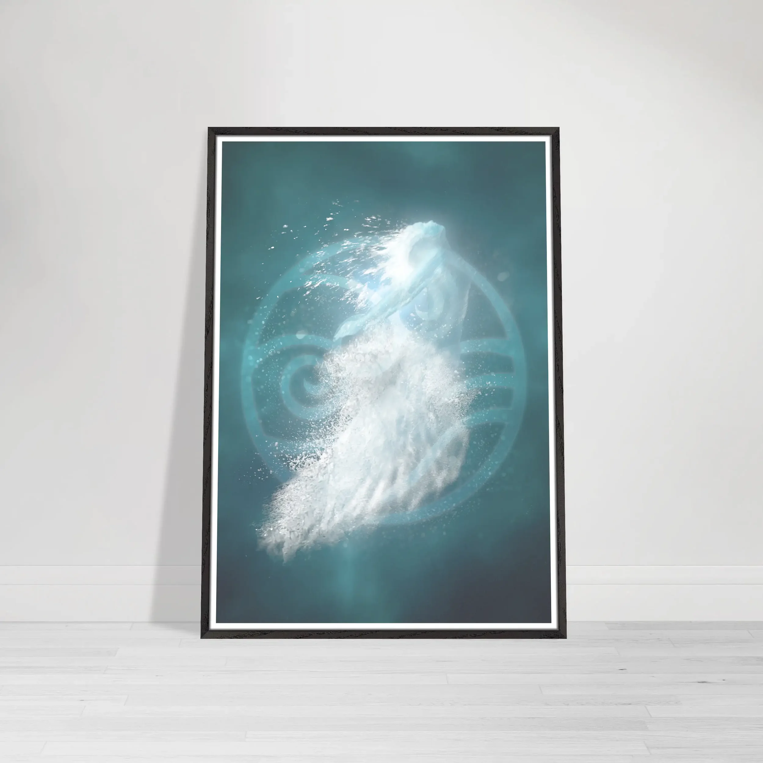 The Water Element print in a black wooden frame, which anchors the deep teal tones and makes the white sea spray appear exceptionally crisp.