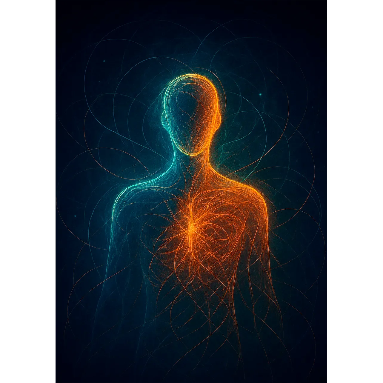 Abstract print of vibrant teal and orange filaments forming a glowing silhouette in a dark void by GG Digital Creations.