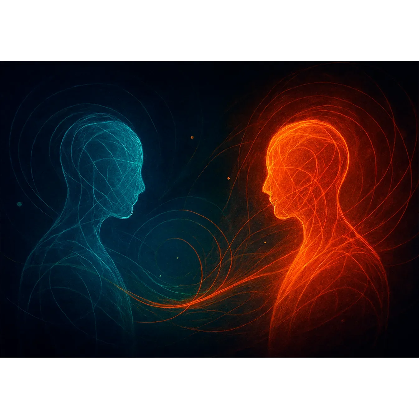 Abstract print of teal and orange neural filaments forming two faces facing each other in a dark void.
