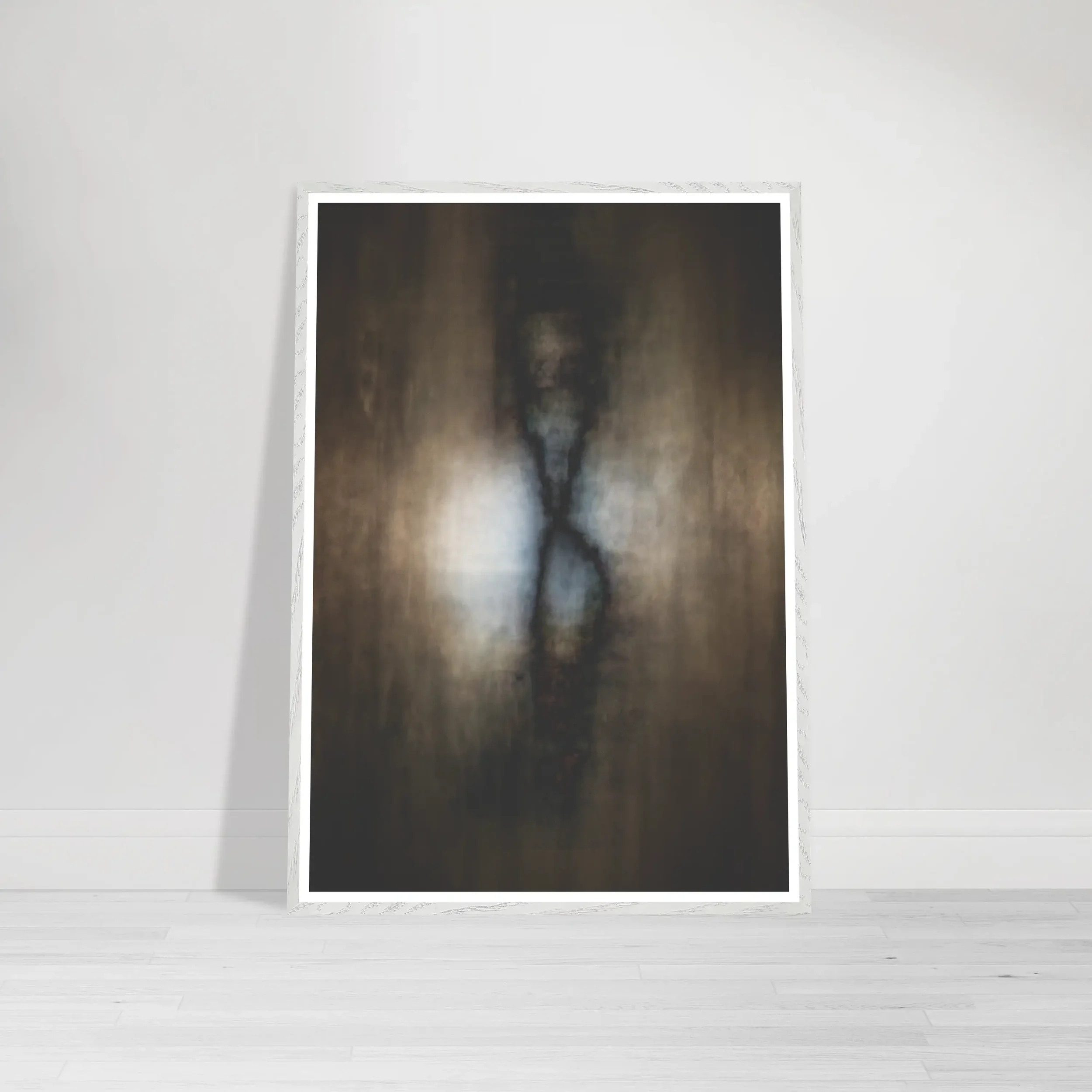 Abstract Cocoon Butterfly artwork showing a soft vertical form emerging from darkness into white light, symbolising transformation and rebirth in a white frame