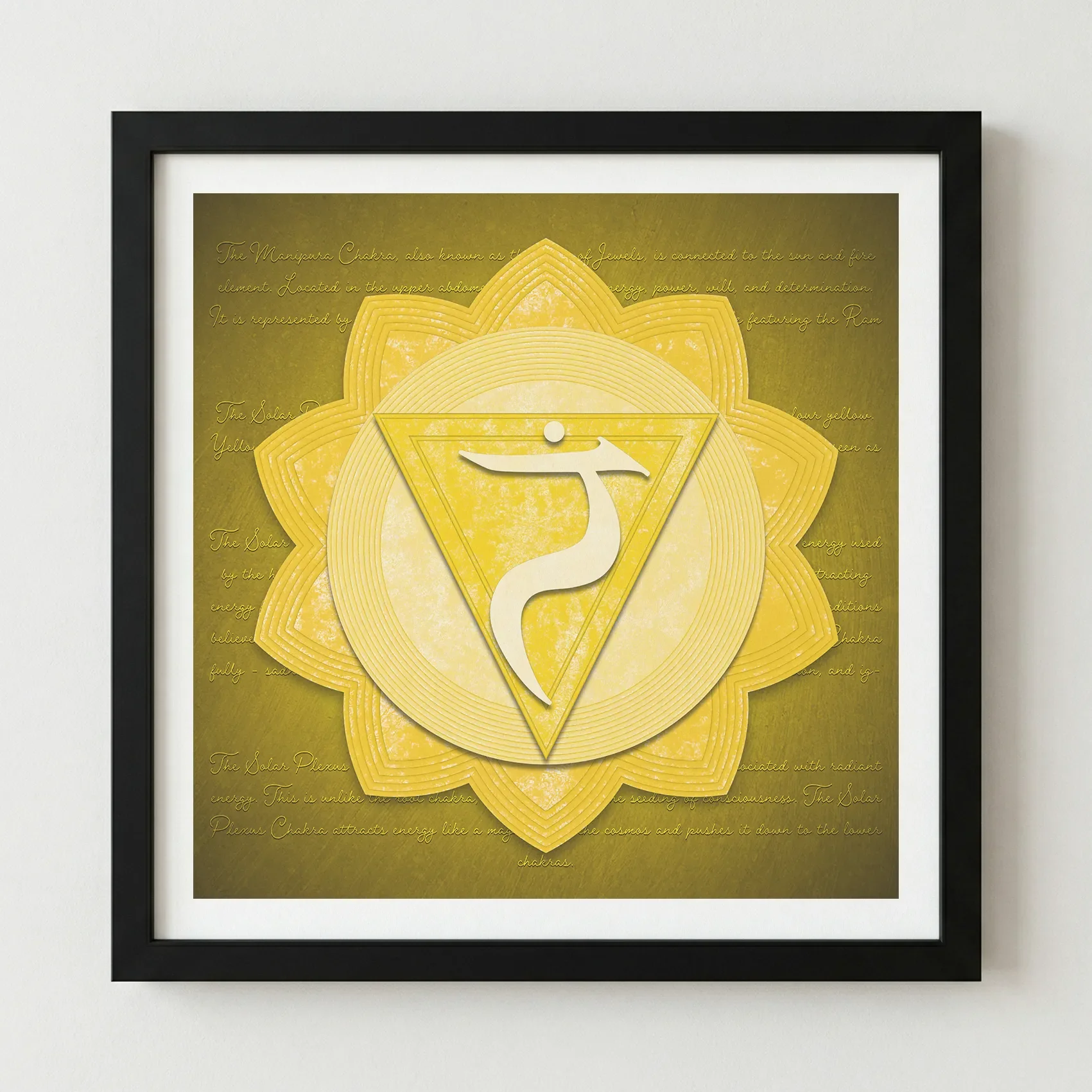 The 'Solar Plexus Chakra' print in a black wooden frame, providing a bold contrast that makes the golden geometric light appear more radiant.