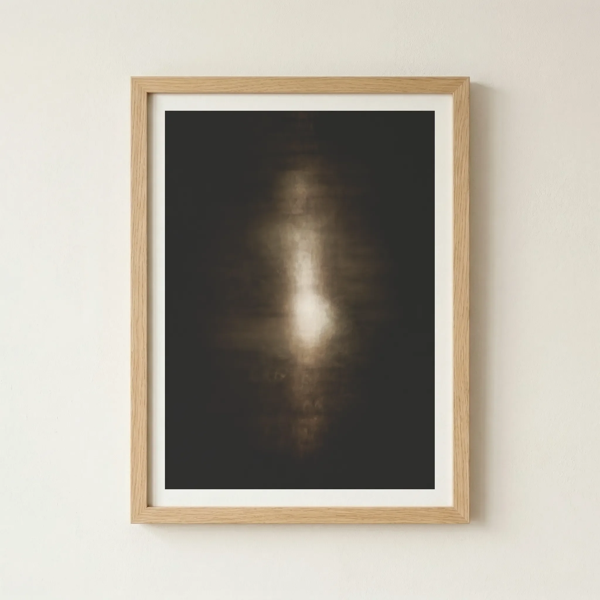 'Pulse' print in a natural wood frame, adding an organic, grounded element to this spiritual and abstract composition.