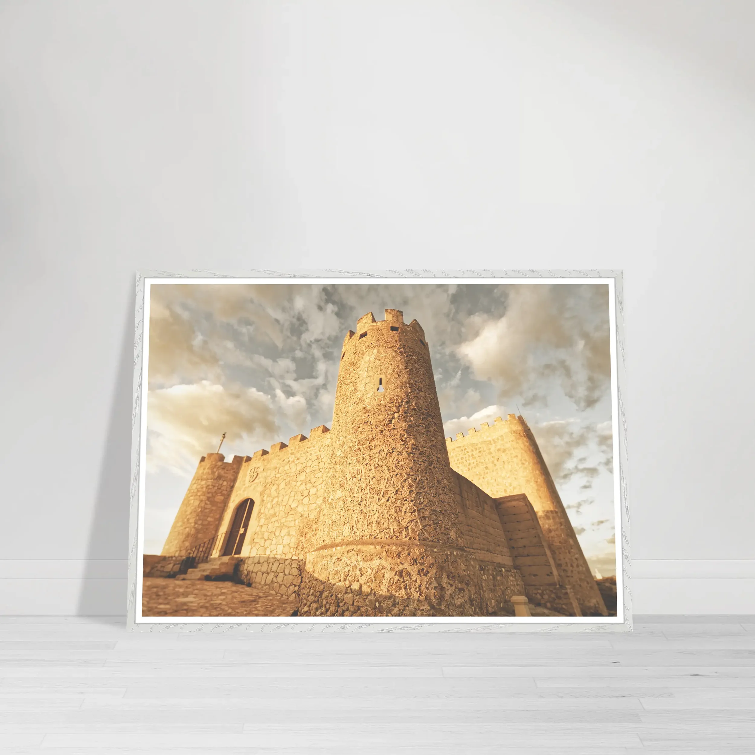 Castle of Jumilla Fine Art Print – Spanish fortress artwork with a modern style in a white frame