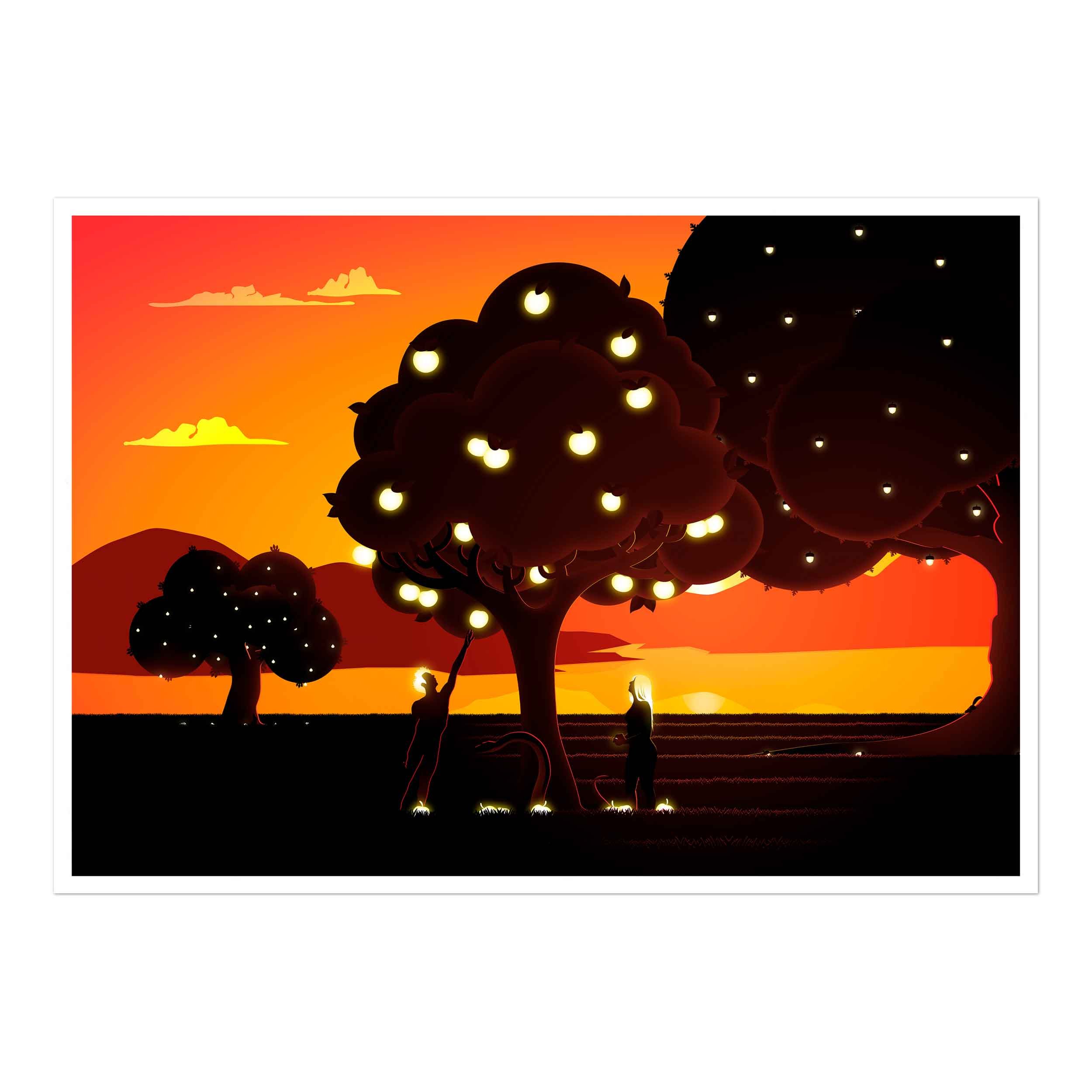 Apple of Eden fine art print – symbolic artwork featuring glowing apple, golden serpents, and mystical energy representing spiritual transformation