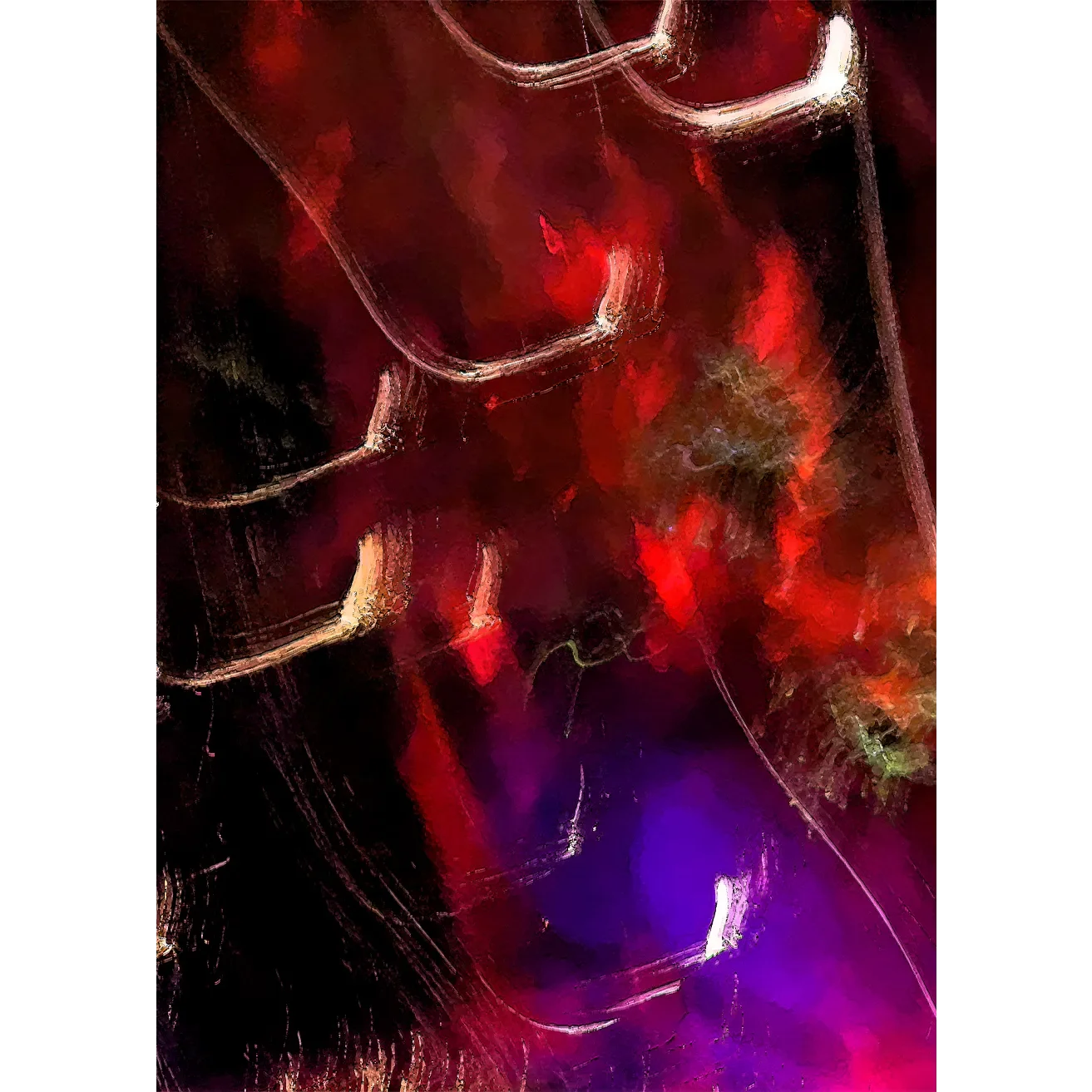 Abstract fine art print of futuristic geometric dimensions and luminous pathways stretching into a dark void.
