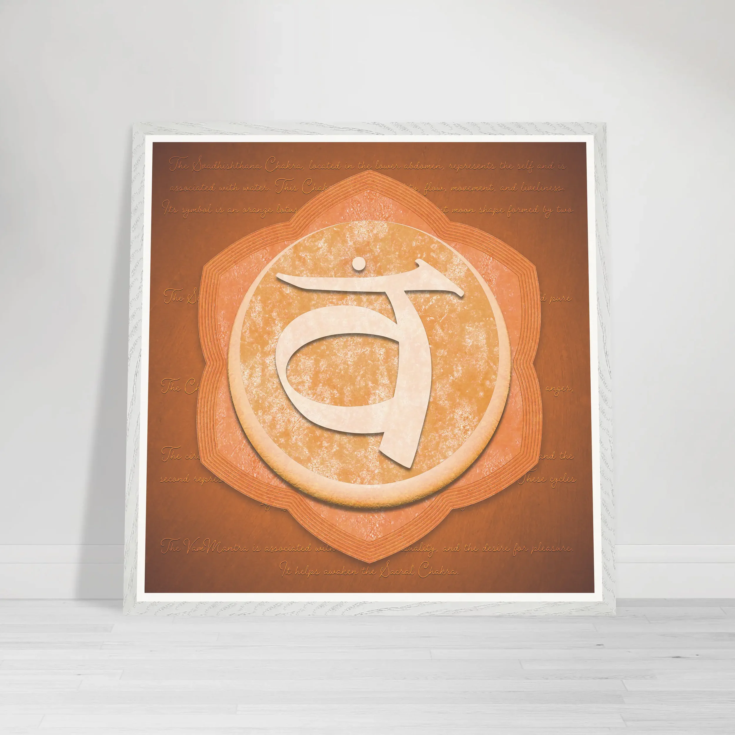 Sacral Chakra white frame fine art print – warm orange artwork symbolising Svadhisthana energy, creative flow, sensuality, and emotional harmony