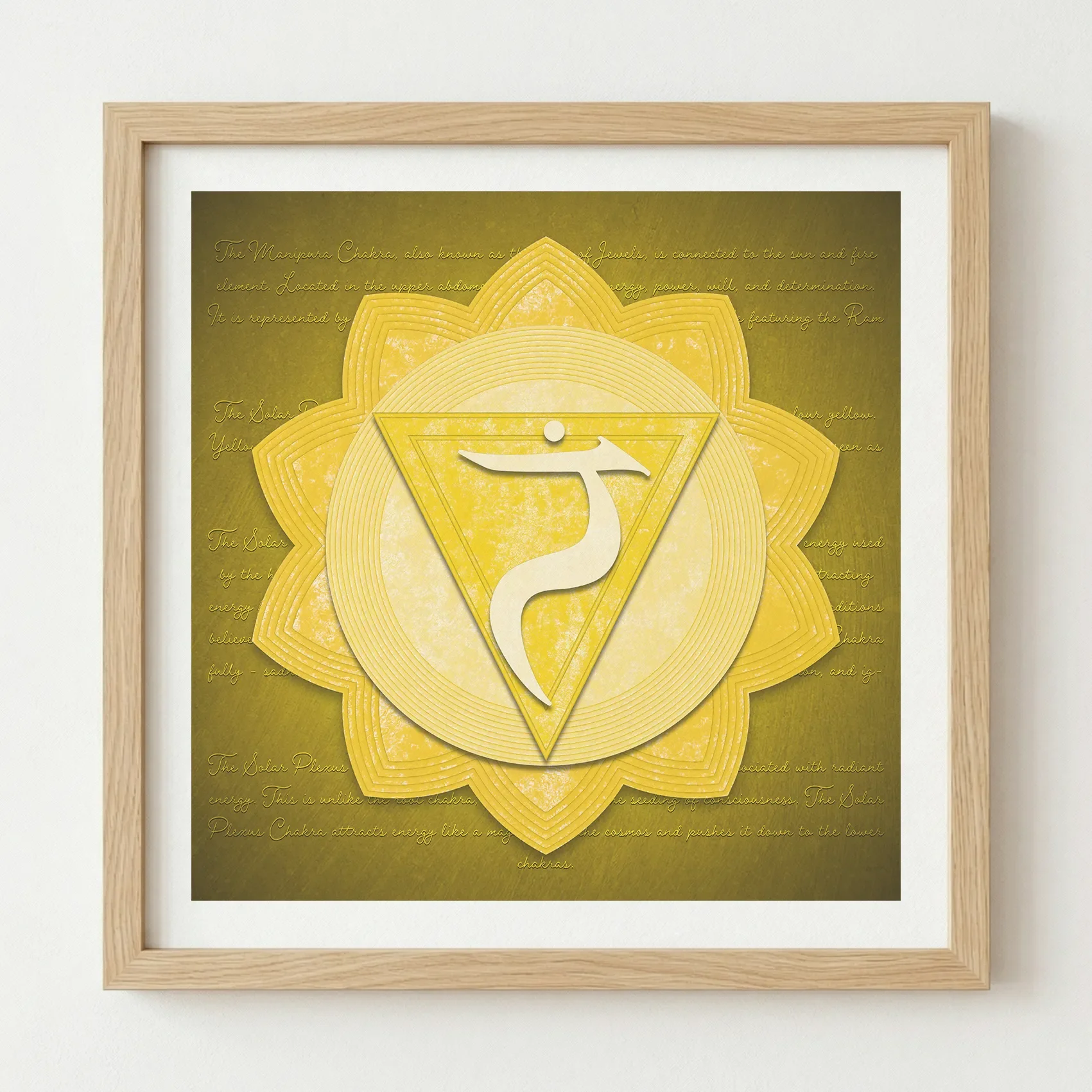 'Solar Plexus Chakra' fine art print in a natural wood frame, adding an organic, grounded element to the fiery solar theme.