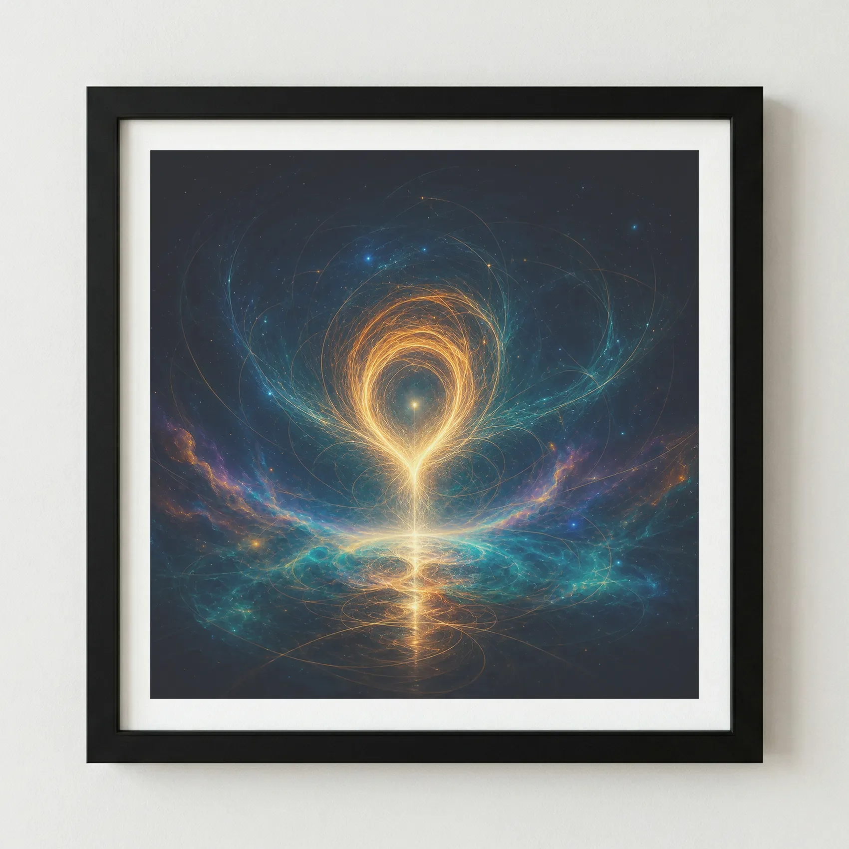 A single golden thread rises from a field of deep blue darkness, gathering energy as it curls inward and begins to take form. Black Frame Print