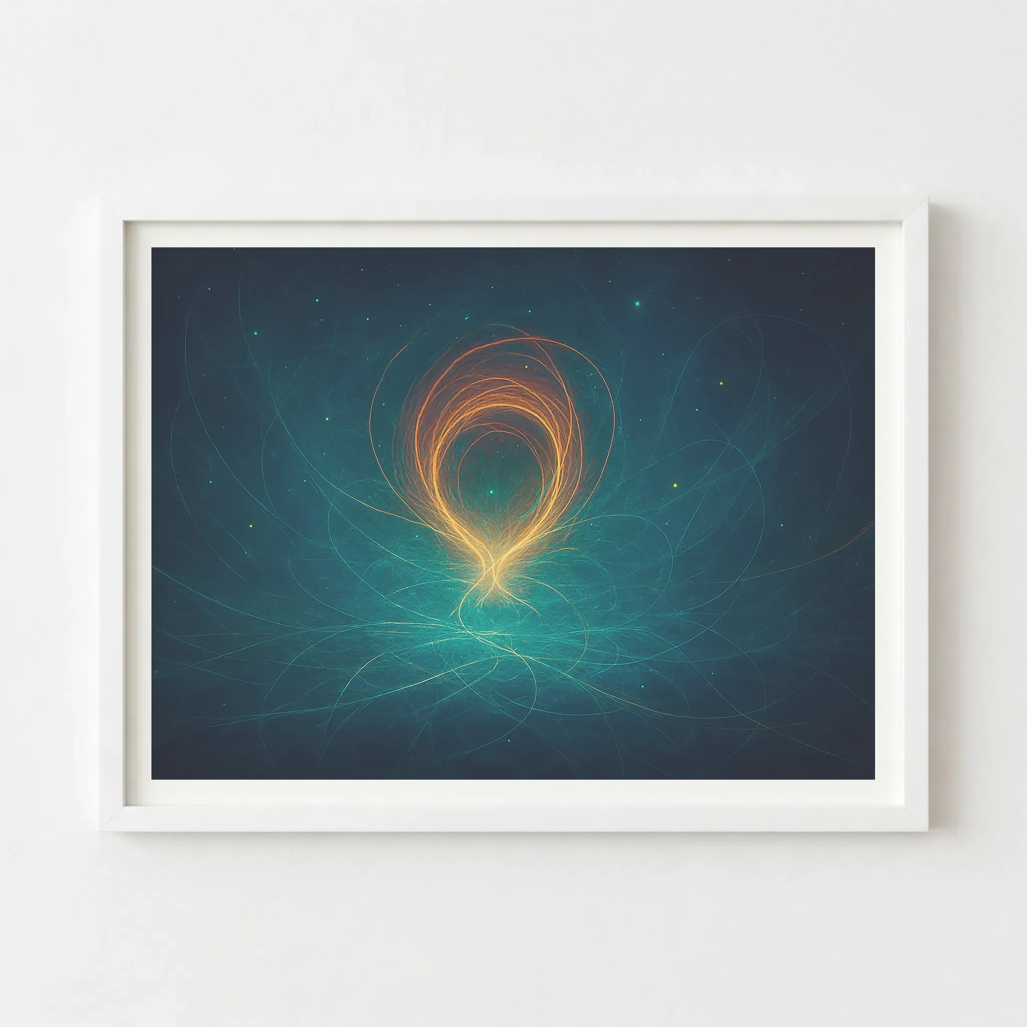 'The First Light' fine art print in a white frame, creating a modern, crisp aesthetic that highlights the ethereal, dreamlike quality of the energy loops.