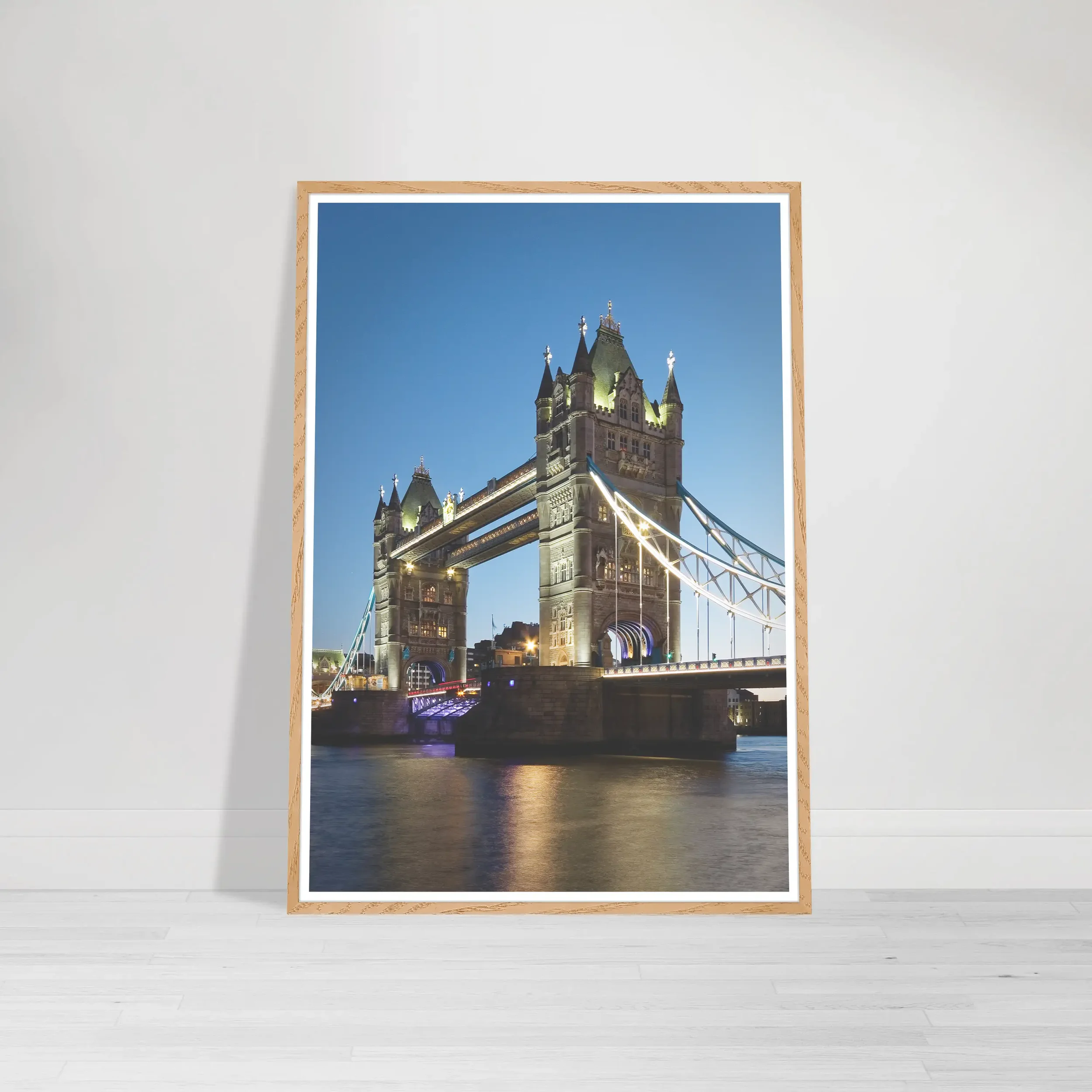 'Tower Bridge' in a natural wood frame, adding an organic, warm border to this classic London landmark scene.