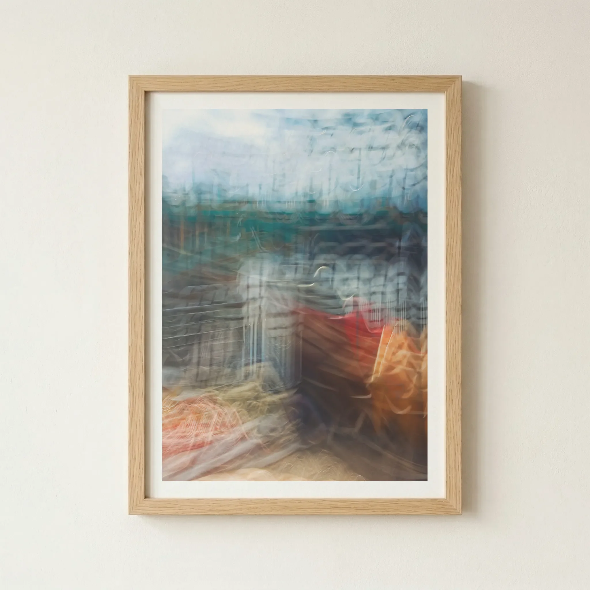 Abstract motion print in a natural wood frame, adding an organic warmth to the digital-painterly aesthetic of the ICM technique.