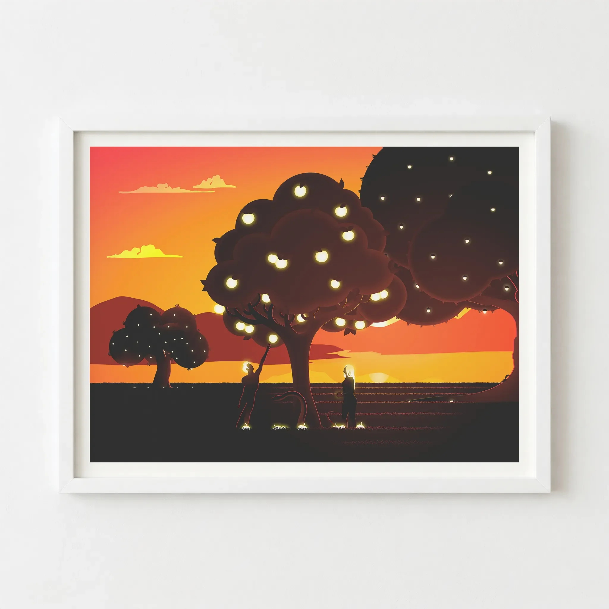 The Apple of Eden print in a modern white frame, providing a sharp, clean contrast that makes the radiant orange sunset and golden fruit pop.
