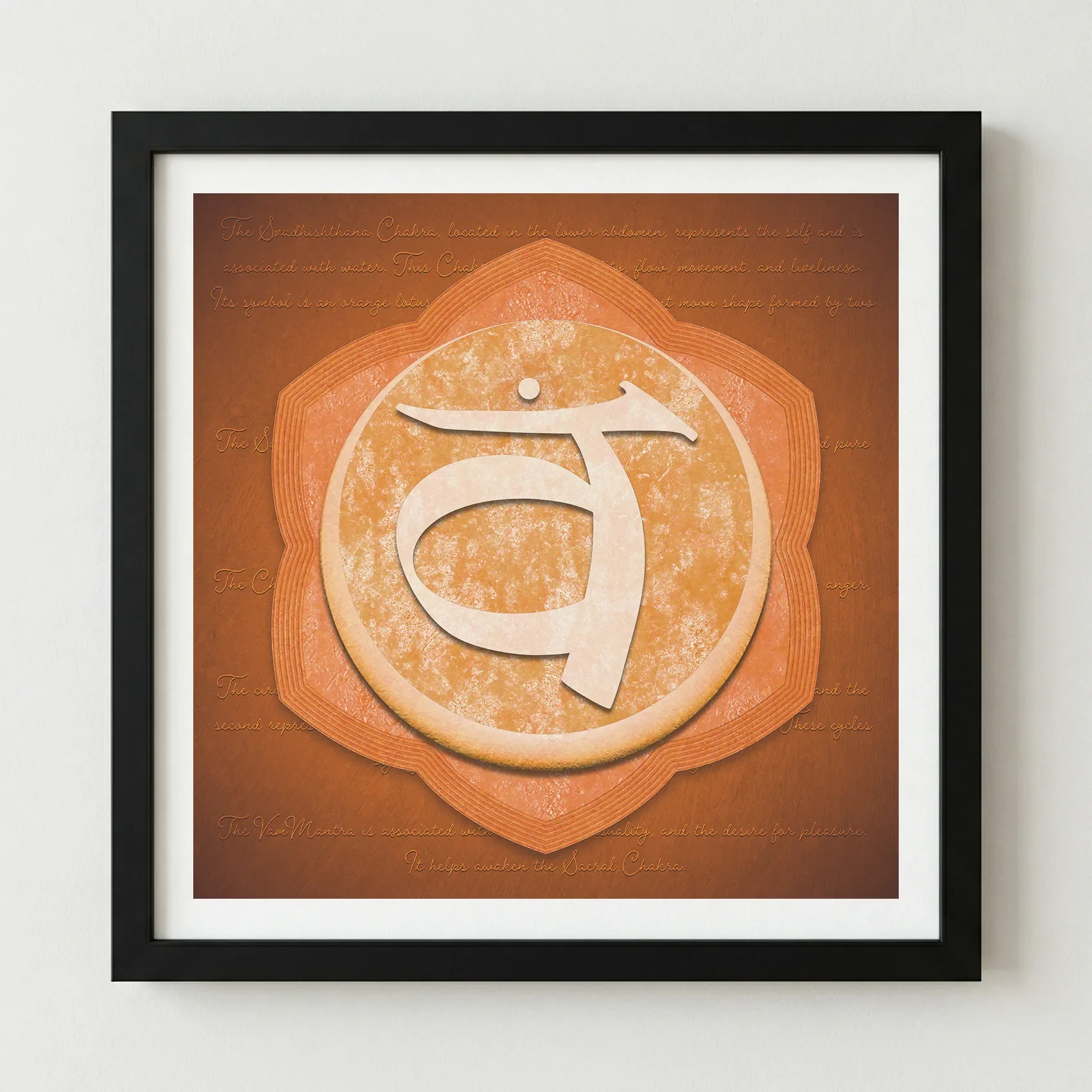 The 'Sacral Chakra' print in a black wooden frame, which intensifies the warmth of the orange tones and adds a modern, sophisticated edge.