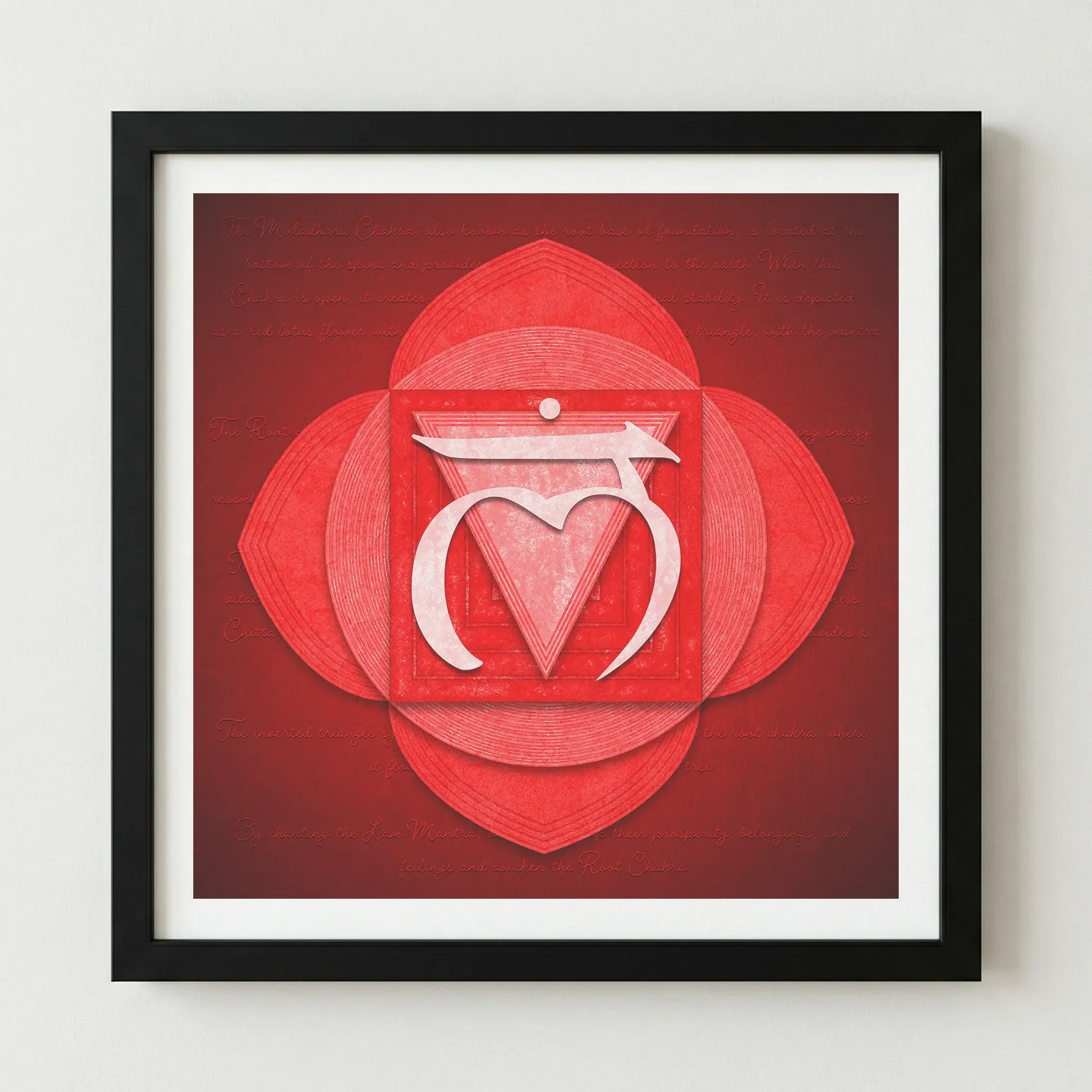 The 'Root Chakra' print in a black wooden frame, providing a strong, bold border that intensifies the grounding energy of the crimson palette.