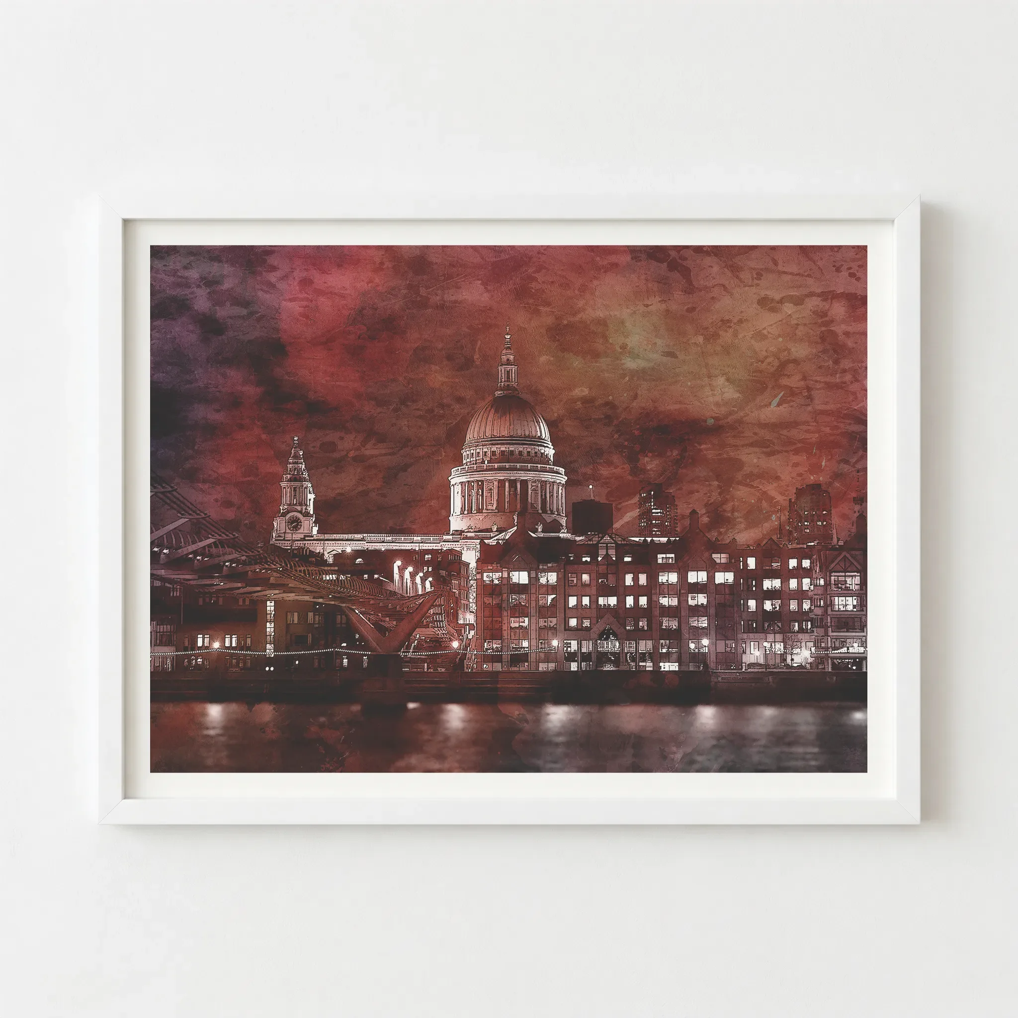 St Paul’s Great Fire art in a white frame, providing a sharp, modern boundary that makes the commemorative colours appear exceptionally vivid.