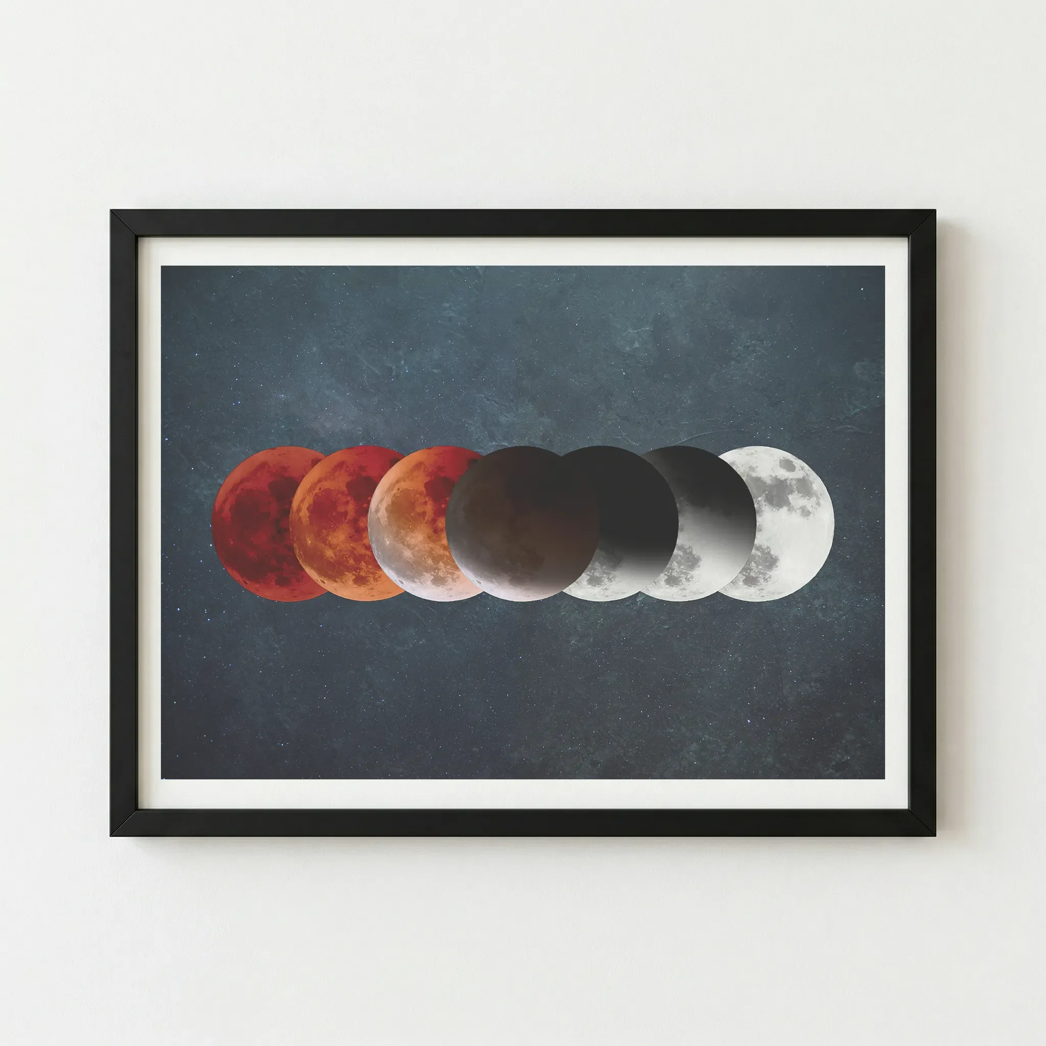 Close-up of the Blood Moon phase print on 200gsm museum-grade matte paper, highlighting the detailed craters and textured lunar surface.
