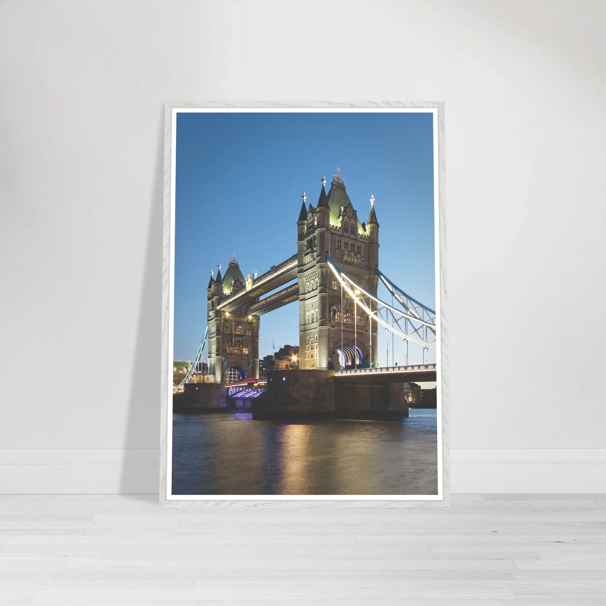'Tower Bridge' print in a white frame, providing a modern, sharp contrast that makes the twilight sky and reflections appear more vivid.