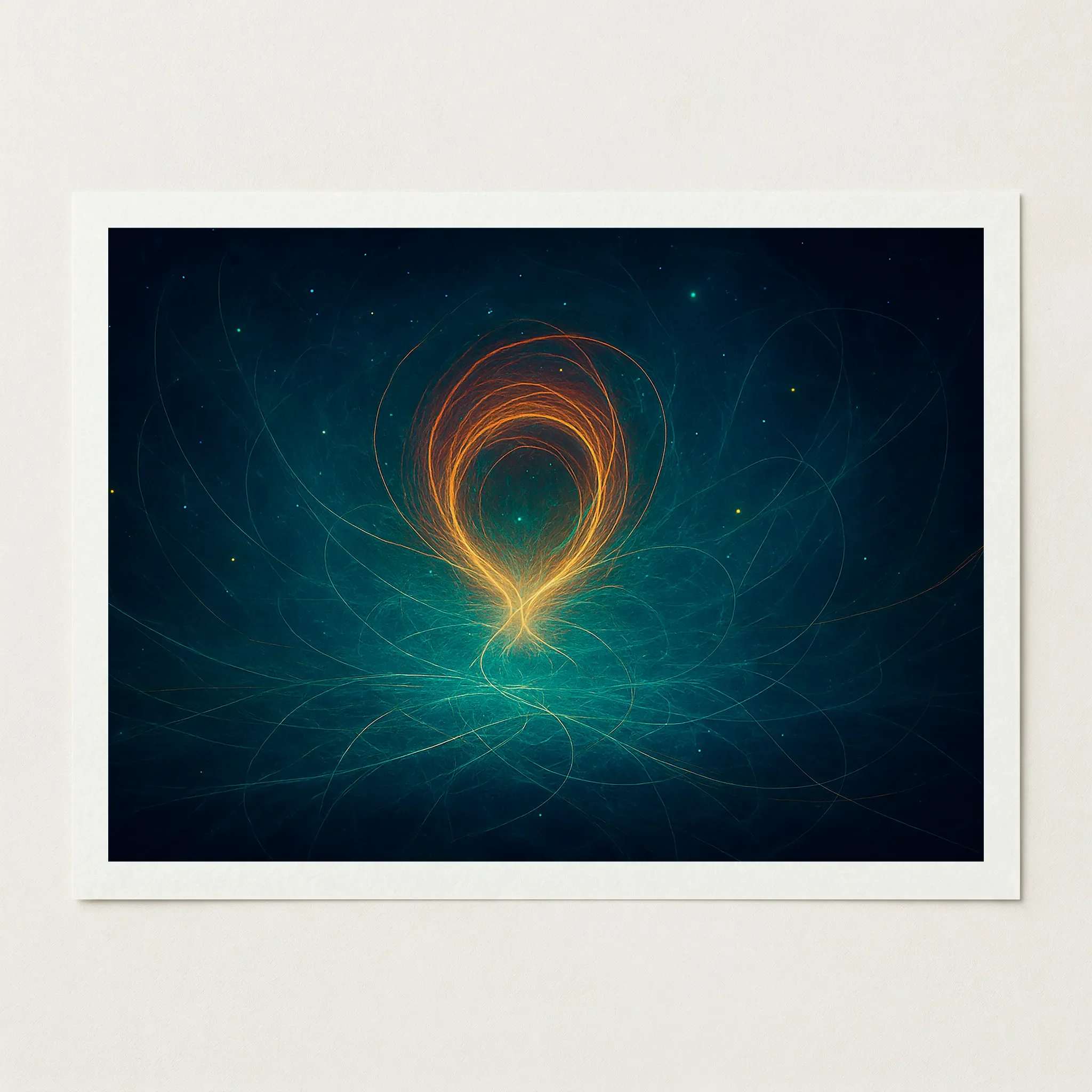 Landscape-oriented Giclée print of 'The First Light' on 200gsm museum-grade matte paper, showcasing the intricate fractal-like lines and deep colour gradients.