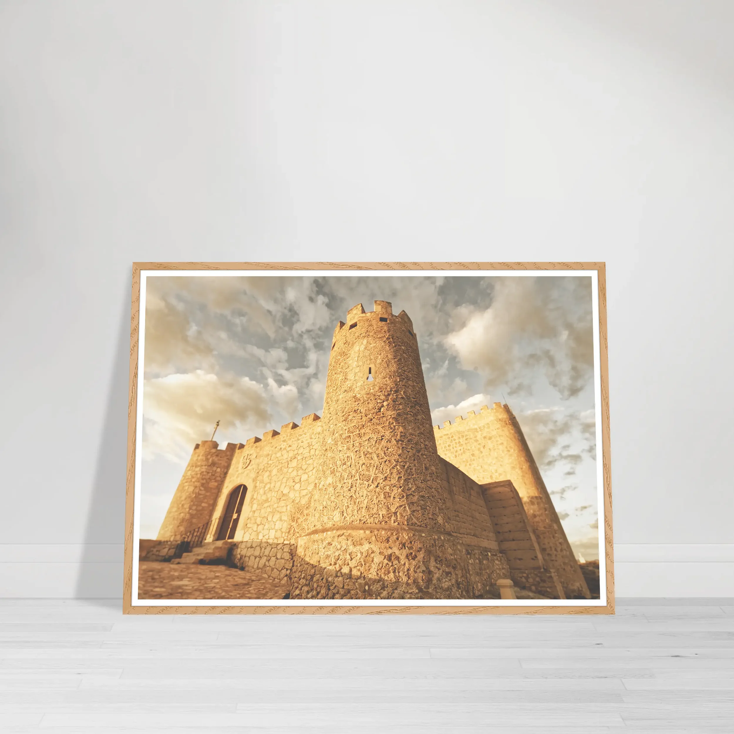 Castle of Jumilla Fine Art Print – Spanish fortress artwork with a modern style in a wood frame