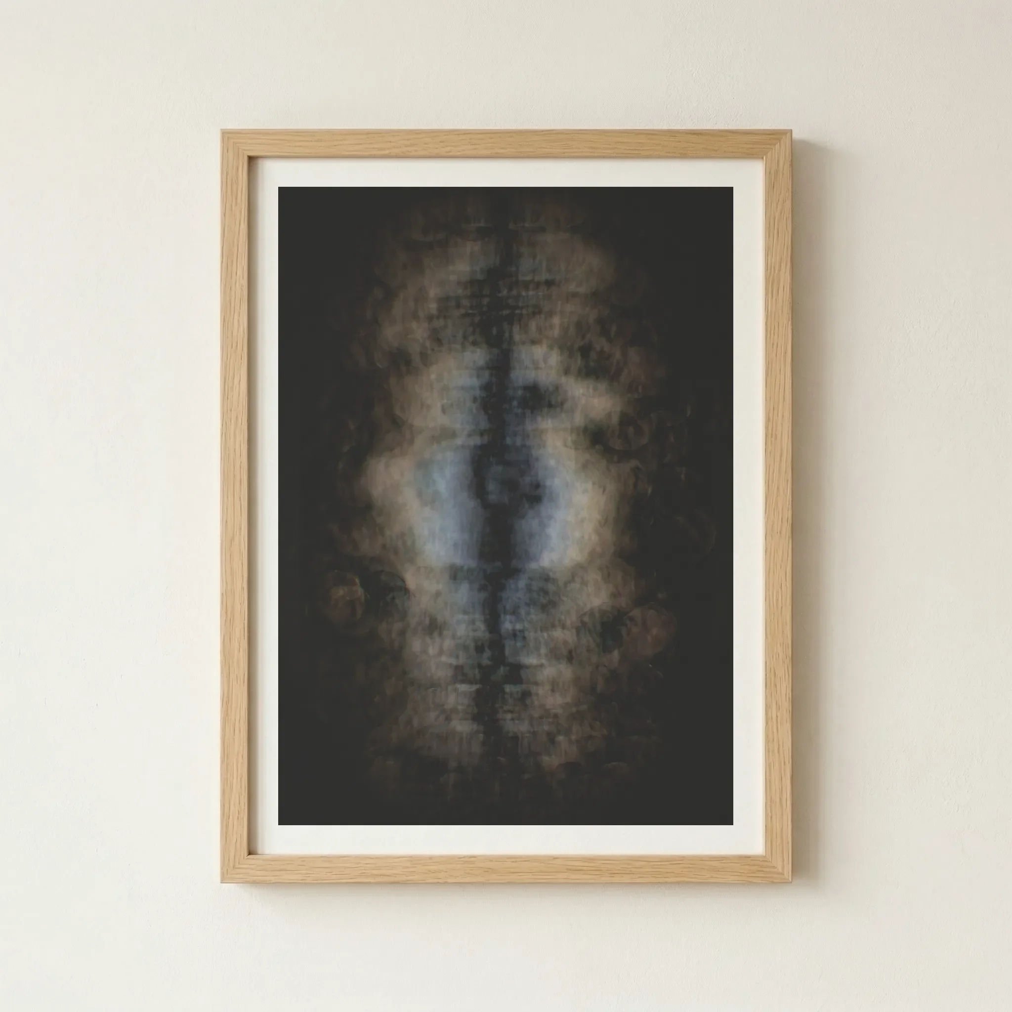 'Imaginal Cells' fine art print in a natural wood frame, adding an organic warmth to the digital-biological aesthetic of the piece.