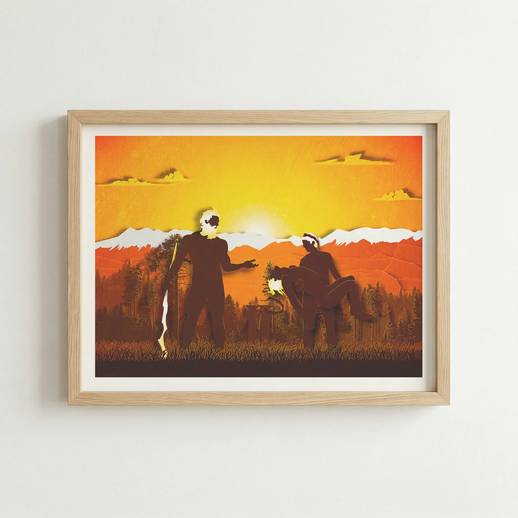 'Gemini: The Twins' print in a natural wood frame, adding an earthy, organic touch to the mythological landscape.