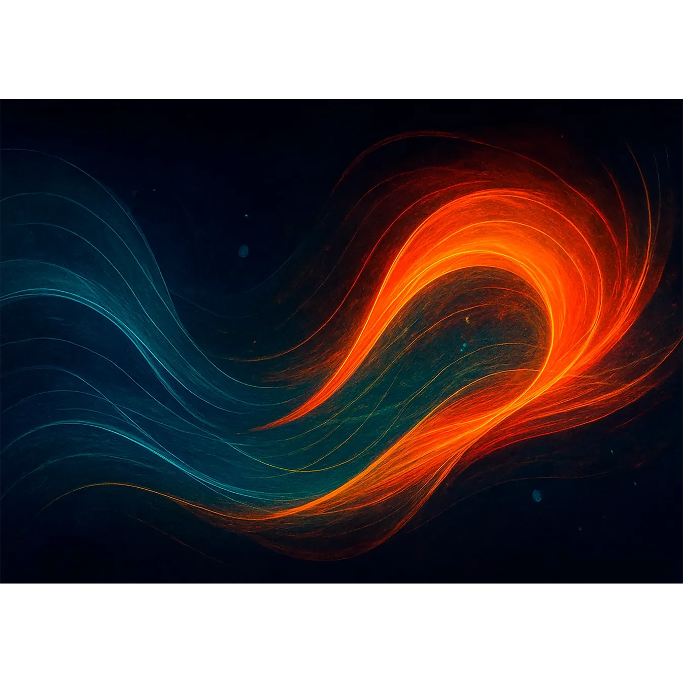 Abstract fine art print of vibrant orange and deep blue energy lines looping towards each other in a dark cosmic void.