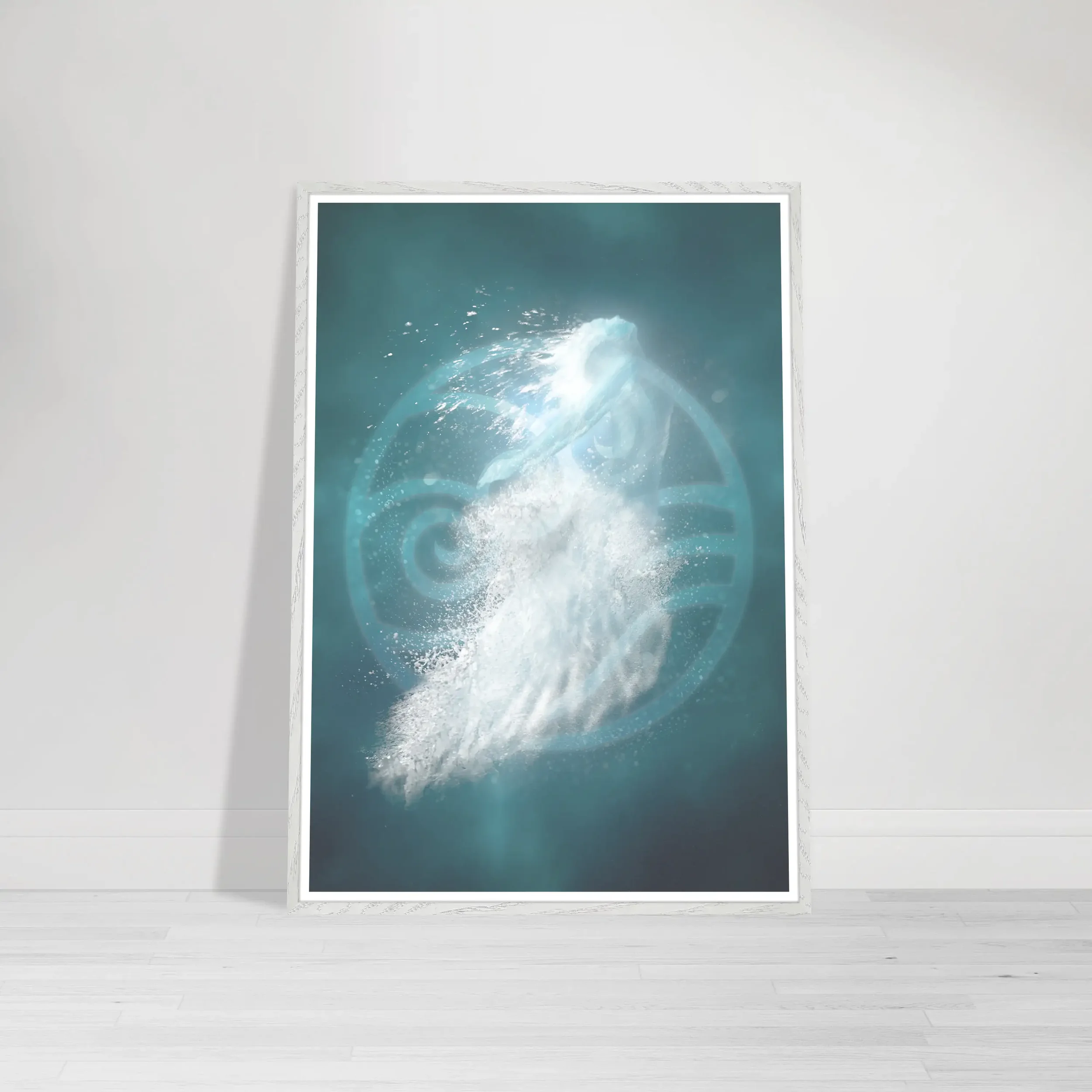 he Water Element print in a sleek, satin white frame, creating a modern and airy border that emphasises the luminous white mist and sea foam.