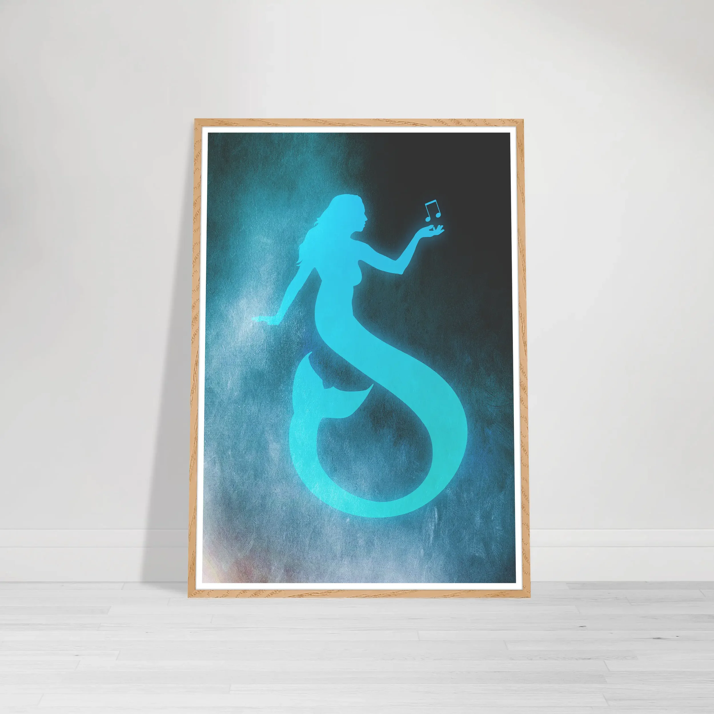 Blue-toned fine art portrait of a mermaid holding a glowing music note in profile in a wood frame fine print