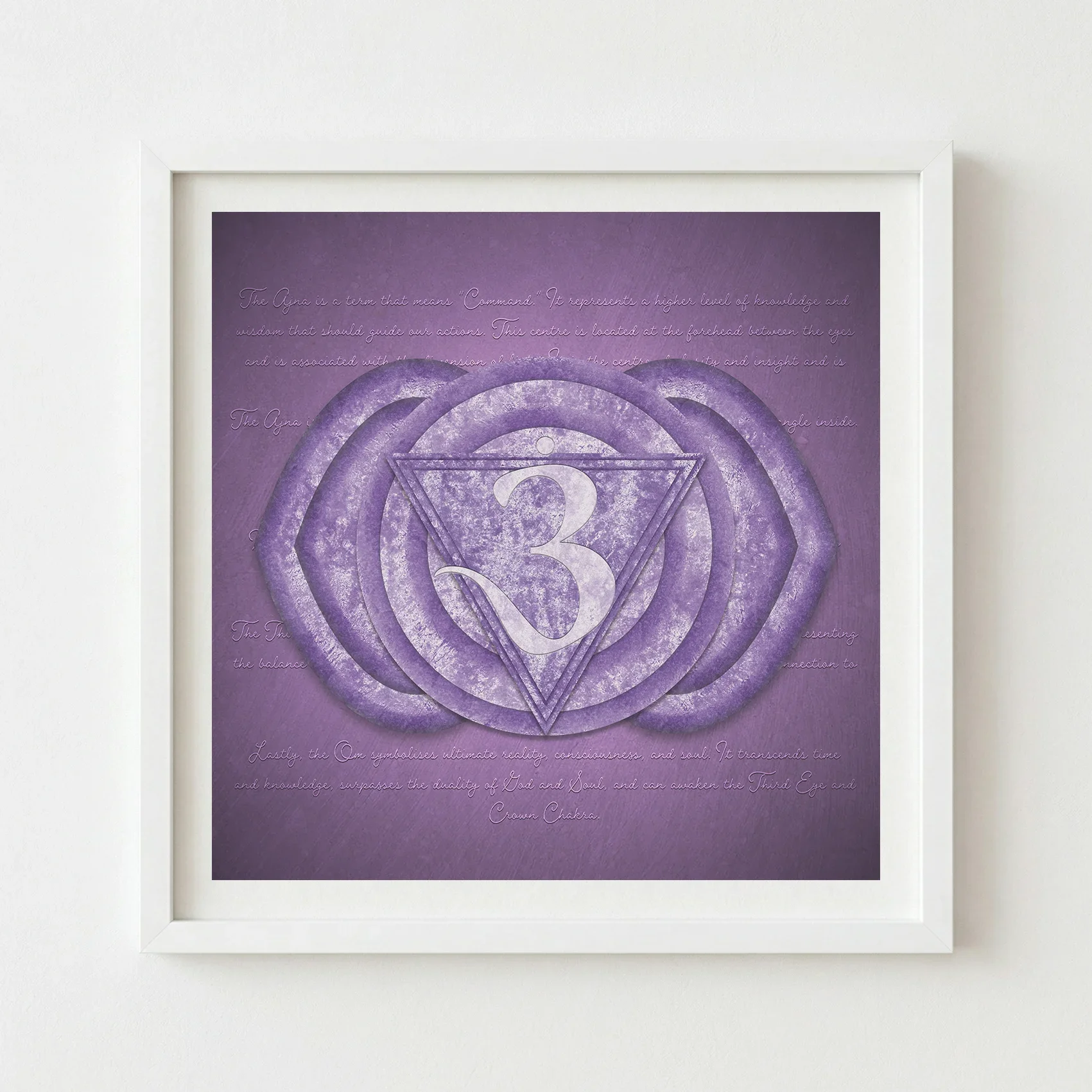 Third Eye Chakra art print in a modern solid wood white frame.