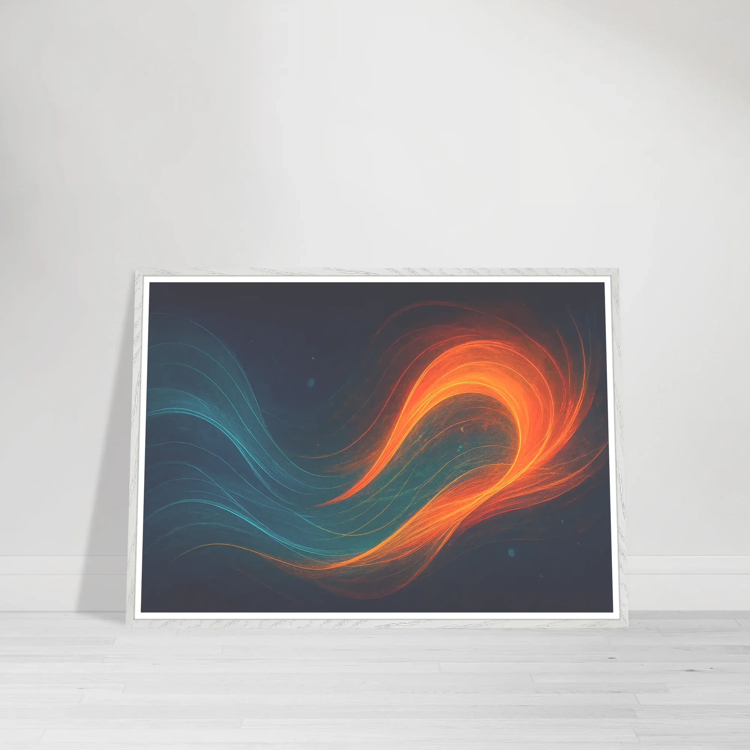 Emergence of Duality artwork displayed in a White frame on a modern interior wall, showing glowing orange and blue flowing lines.