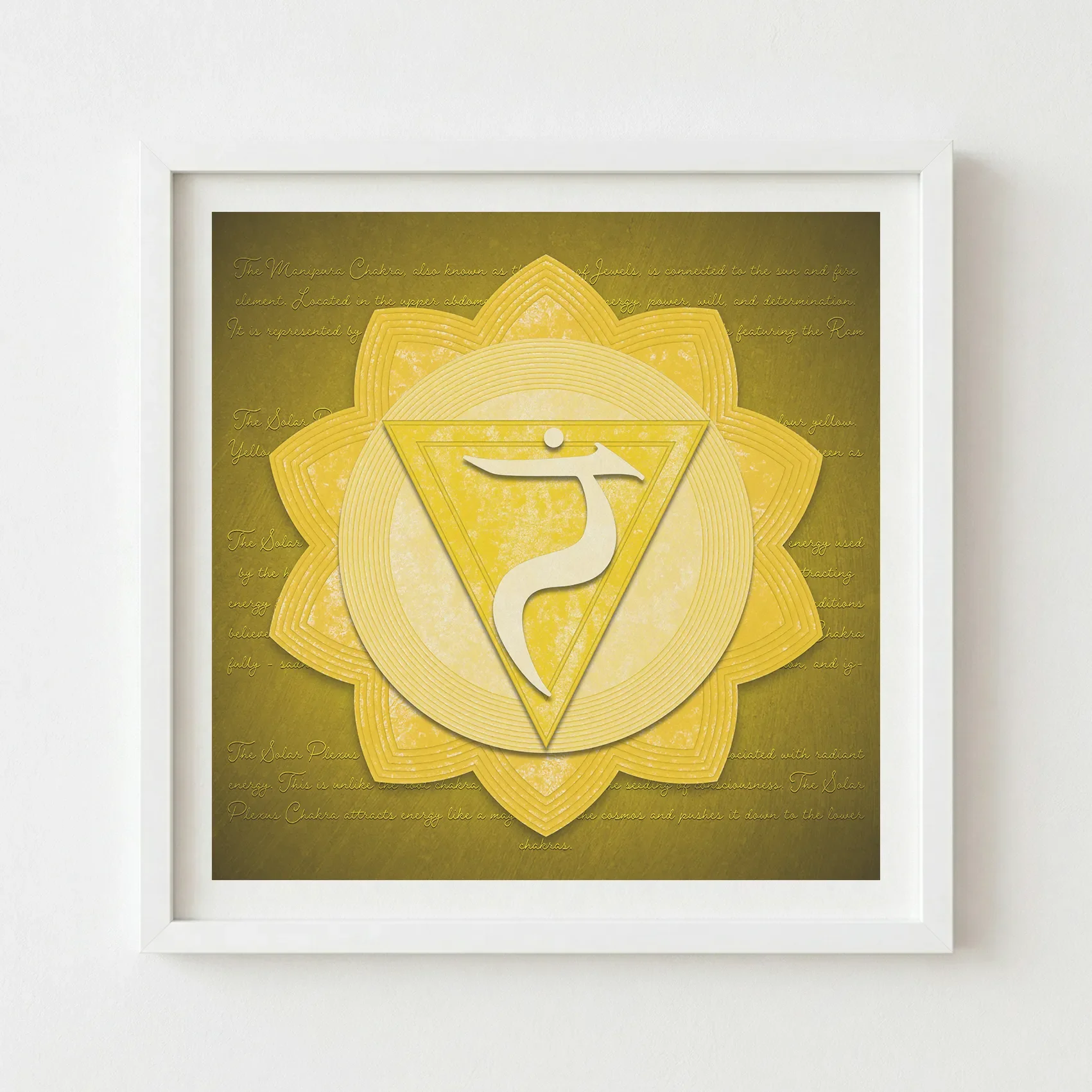 Sacred geometry chakra art in a white frame, creating a clean, modern border that enhances the warmth and high-vibrational energy of the piece.