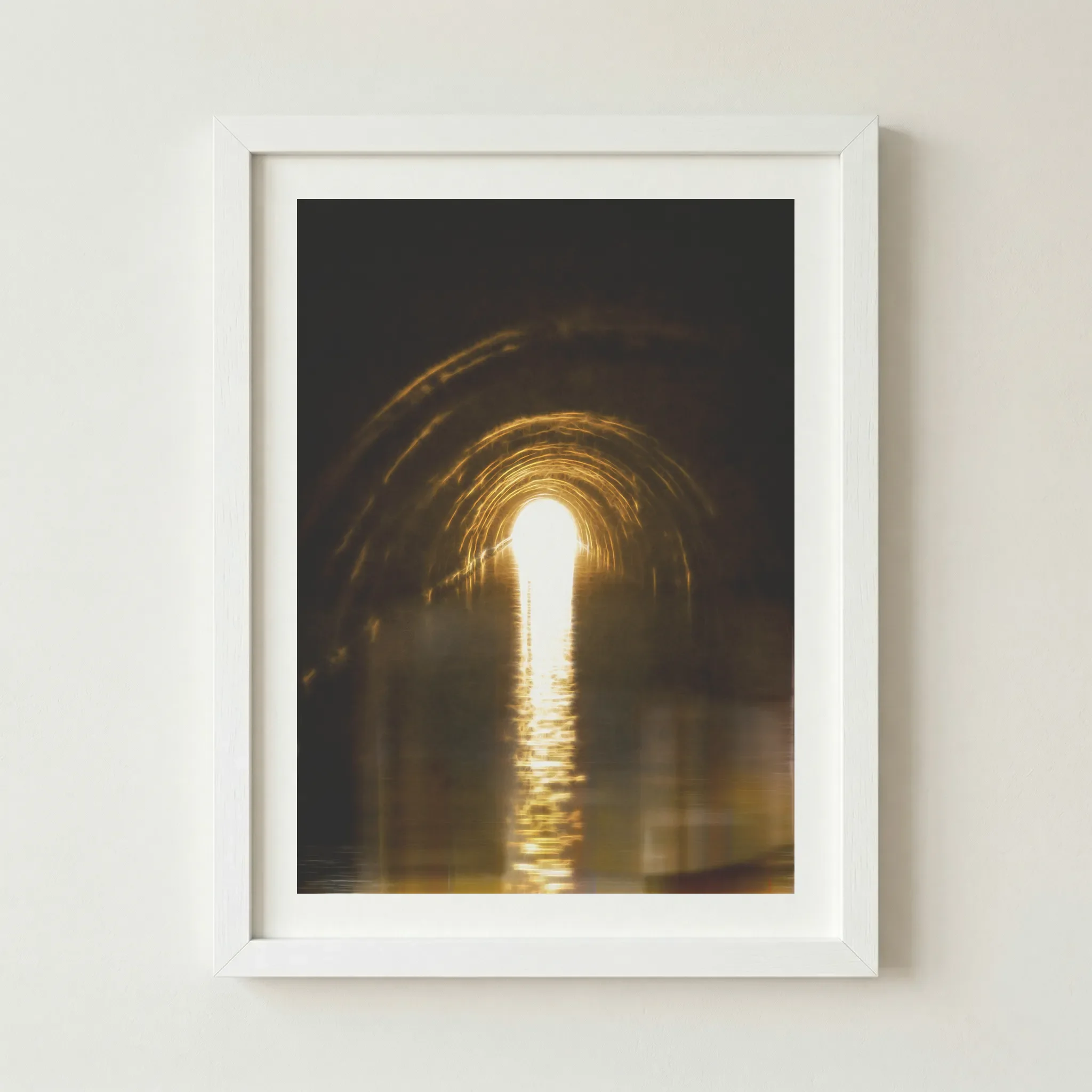 Modern tunnel art in a white frame, creating a sharp contrast that makes the historic architecture and light appear even more luminous.