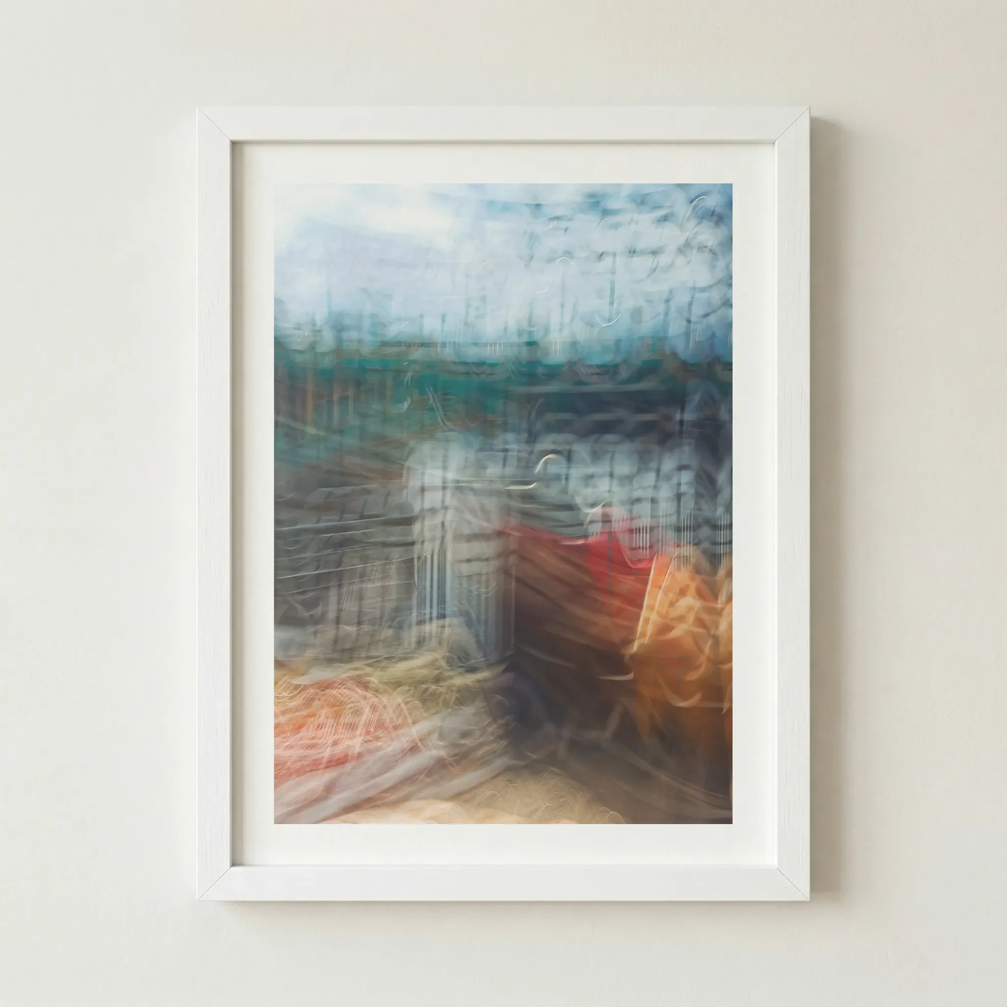 'Distorted Reality' ICM art in a white frame, creating a clean, modern border that makes the bright, blurred highlights appear even more luminous.