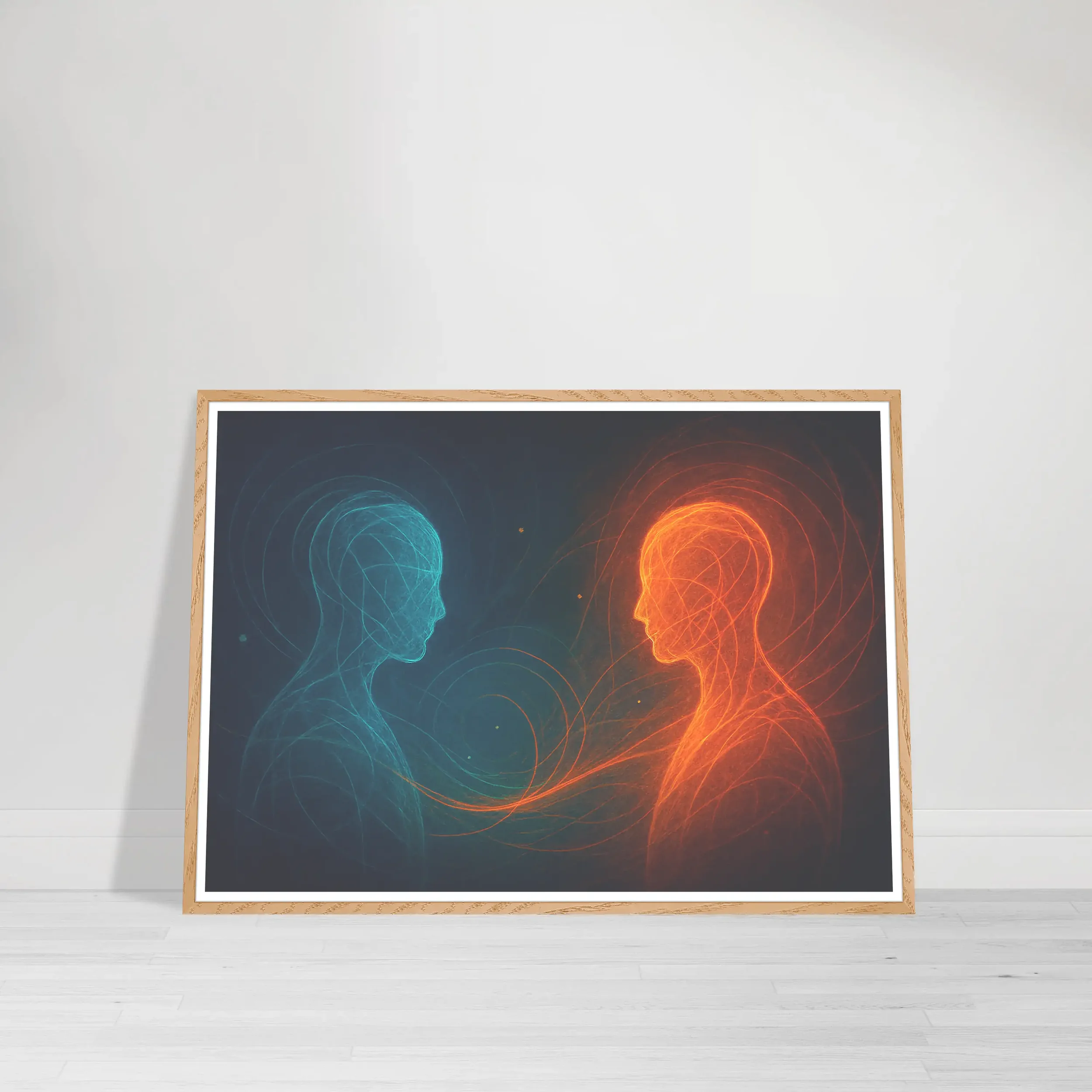 Two luminous abstract human figures in teal and orange facing one another, connected by swirling energy representing inner dialogue and emotional balance. Wood Wall Art Print