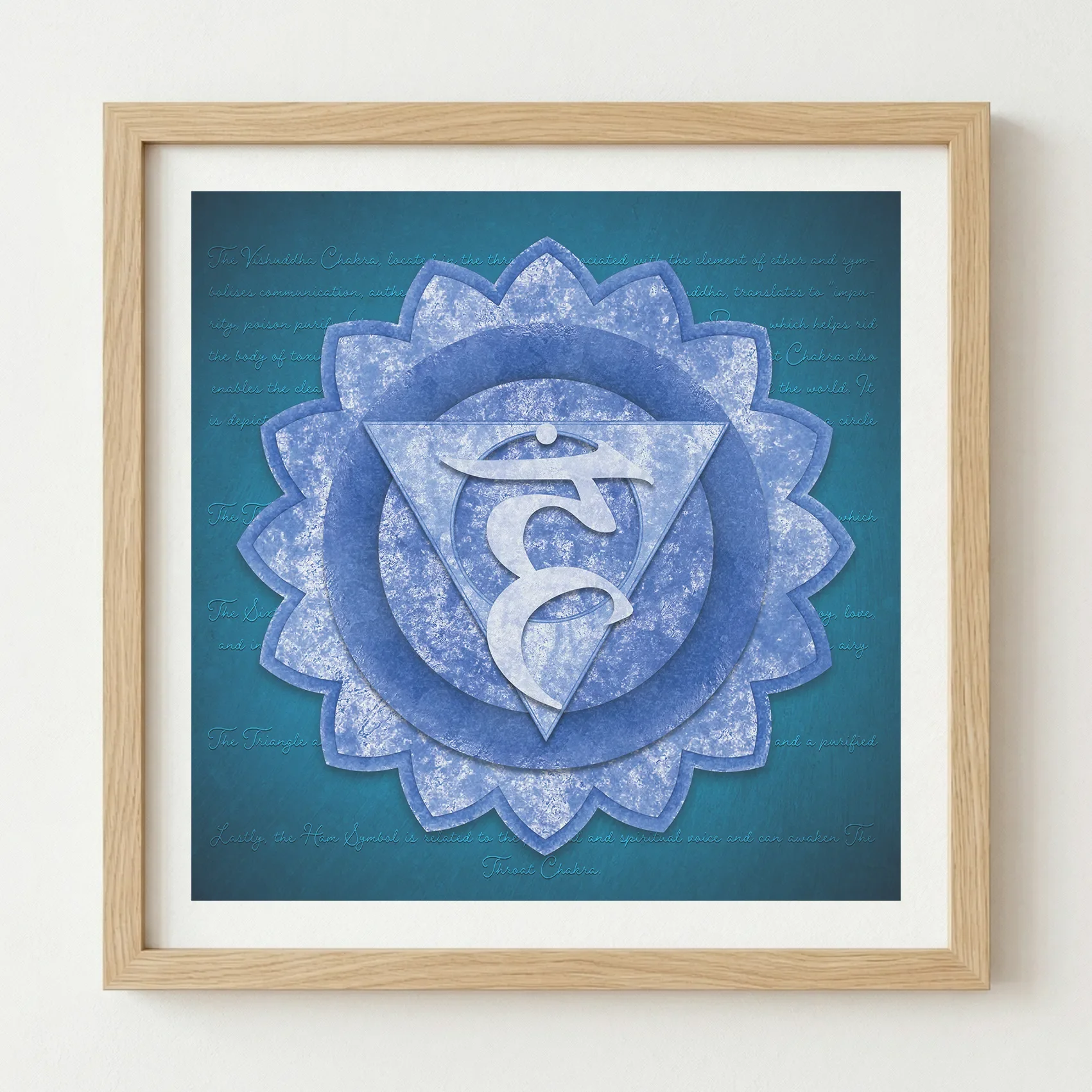 The Throat Chakra print in a natural wood frame, adding a grounding, organic touch to this spiritual and communicative artwork.