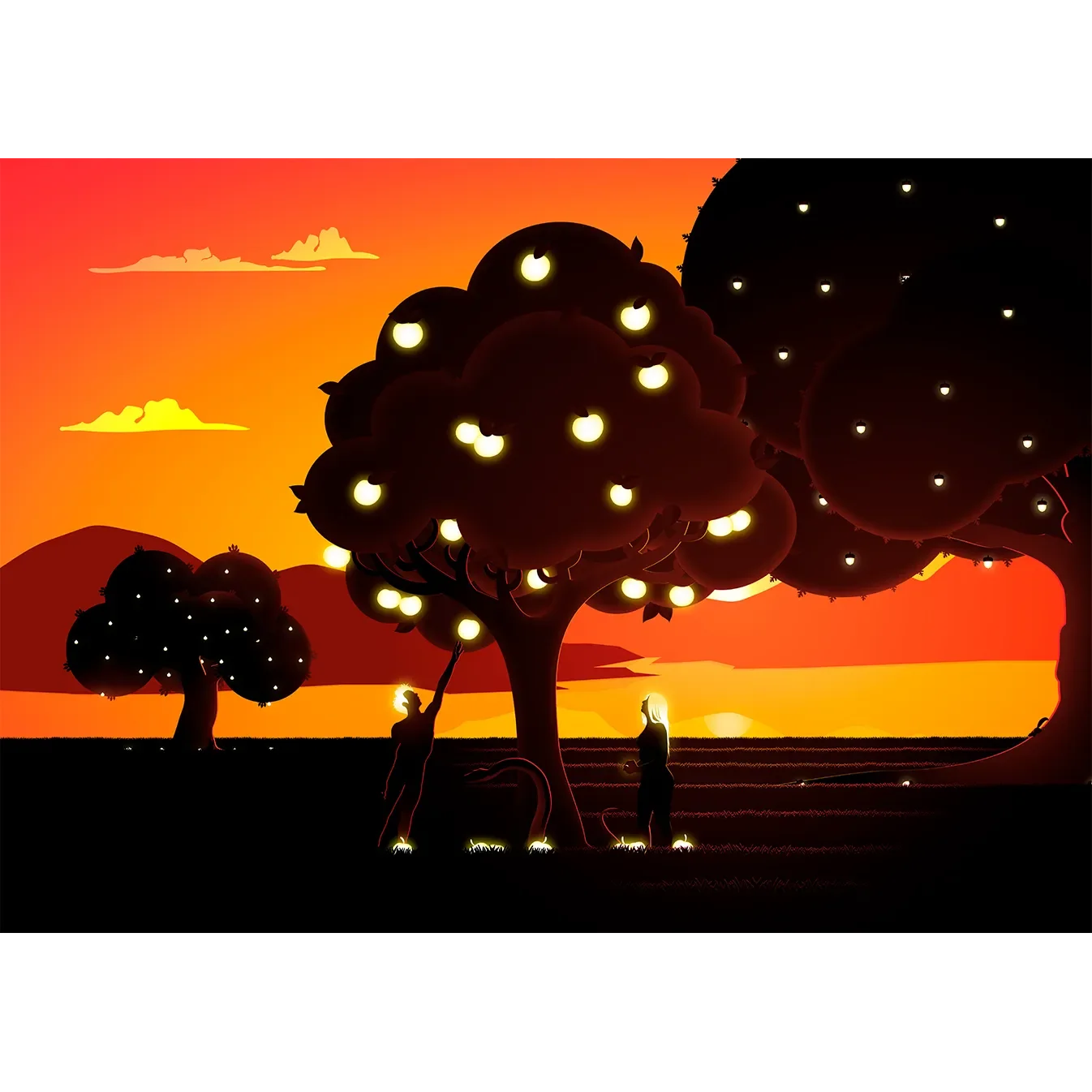 Dramatic digital fine art print of the Apple of Eden at sunset, featuring a dark silhouette of the Garden of Eden and luminous golden apples by GG Digital Creations.