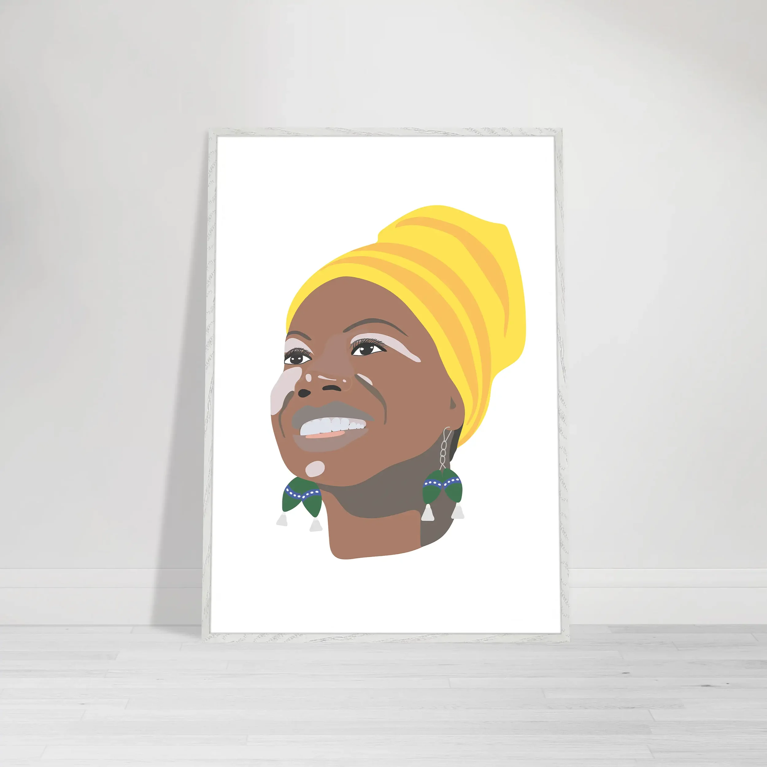 Fine art print of Nina Simone, illustrating her emotive expression and significance as a jazz musician and civil rights activist in a white Frame