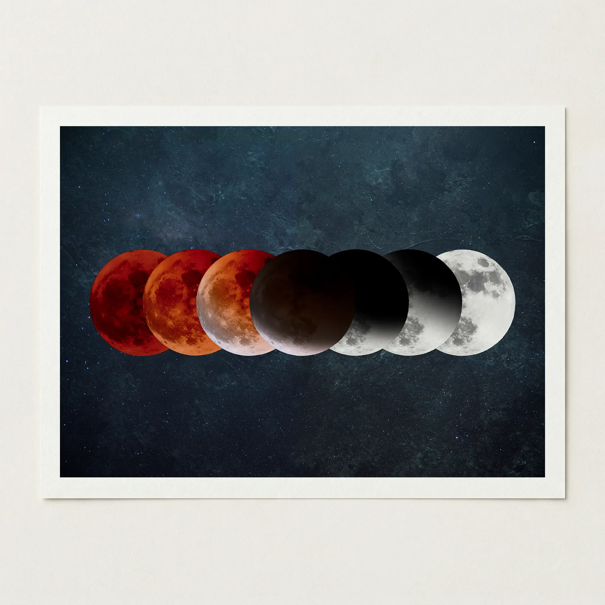 Close-up of the Blood Moon phase print on 200gsm museum-grade matte paper, highlighting the detailed craters and textured lunar surface.