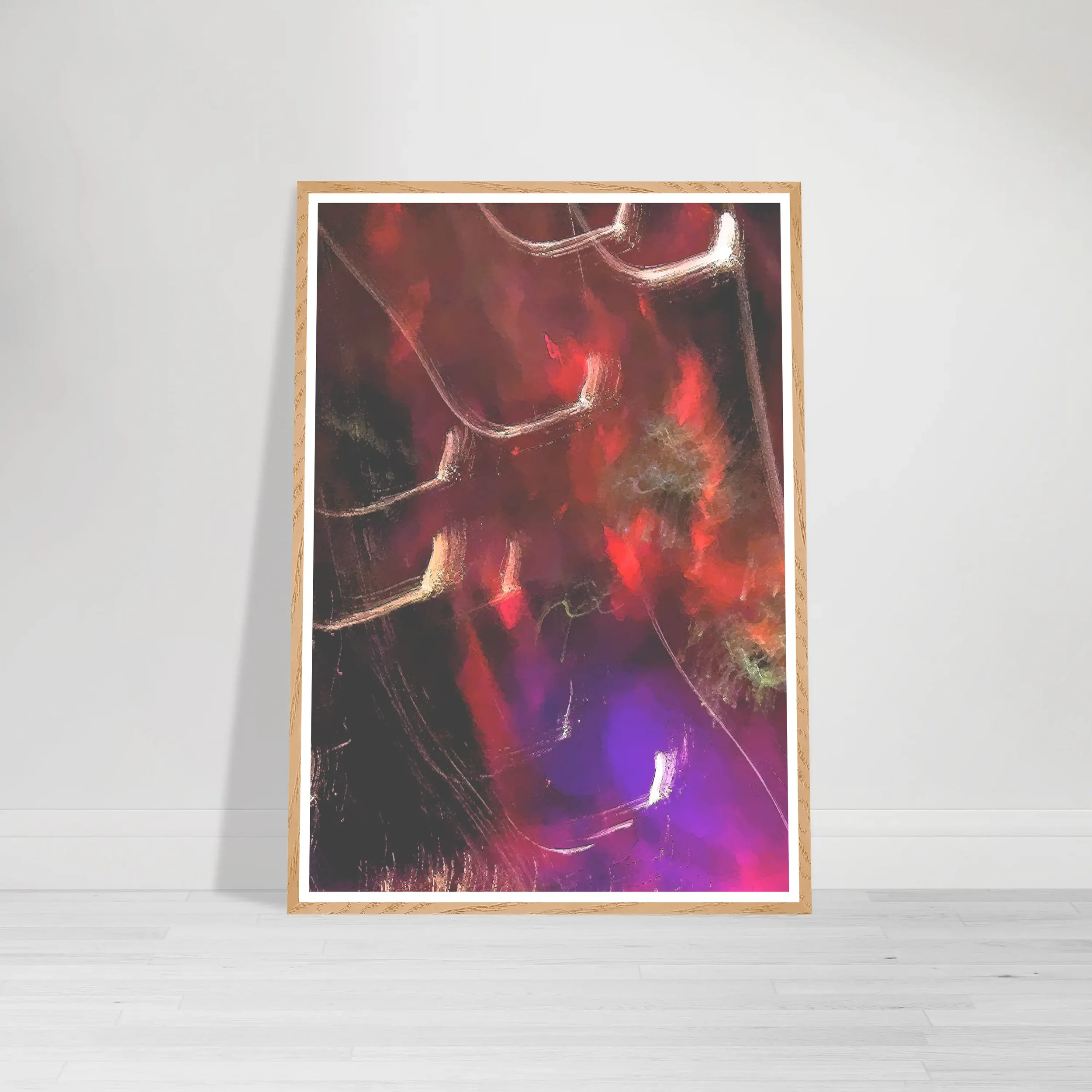 Dimension and Future artwork displayed in a wood wooden frame on a modern interior wall, showcasing its bold red and purple abstract design.