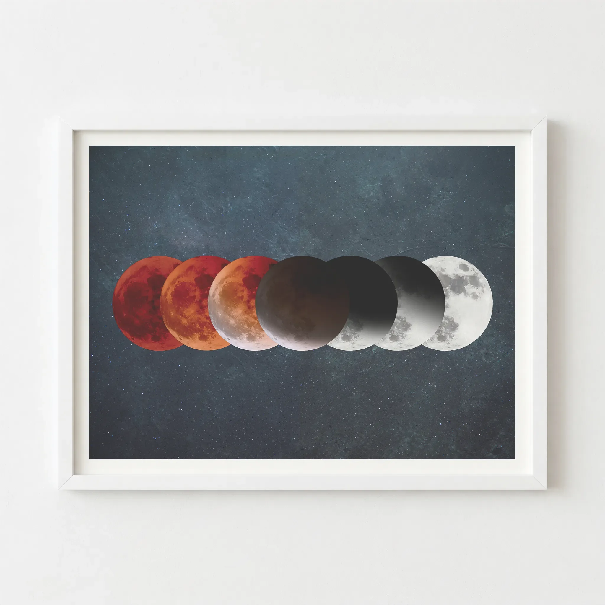 Lunar eclipse phase artwork in a white frame, providing a crisp, modern contrast to the deep red and teal celestial tones.