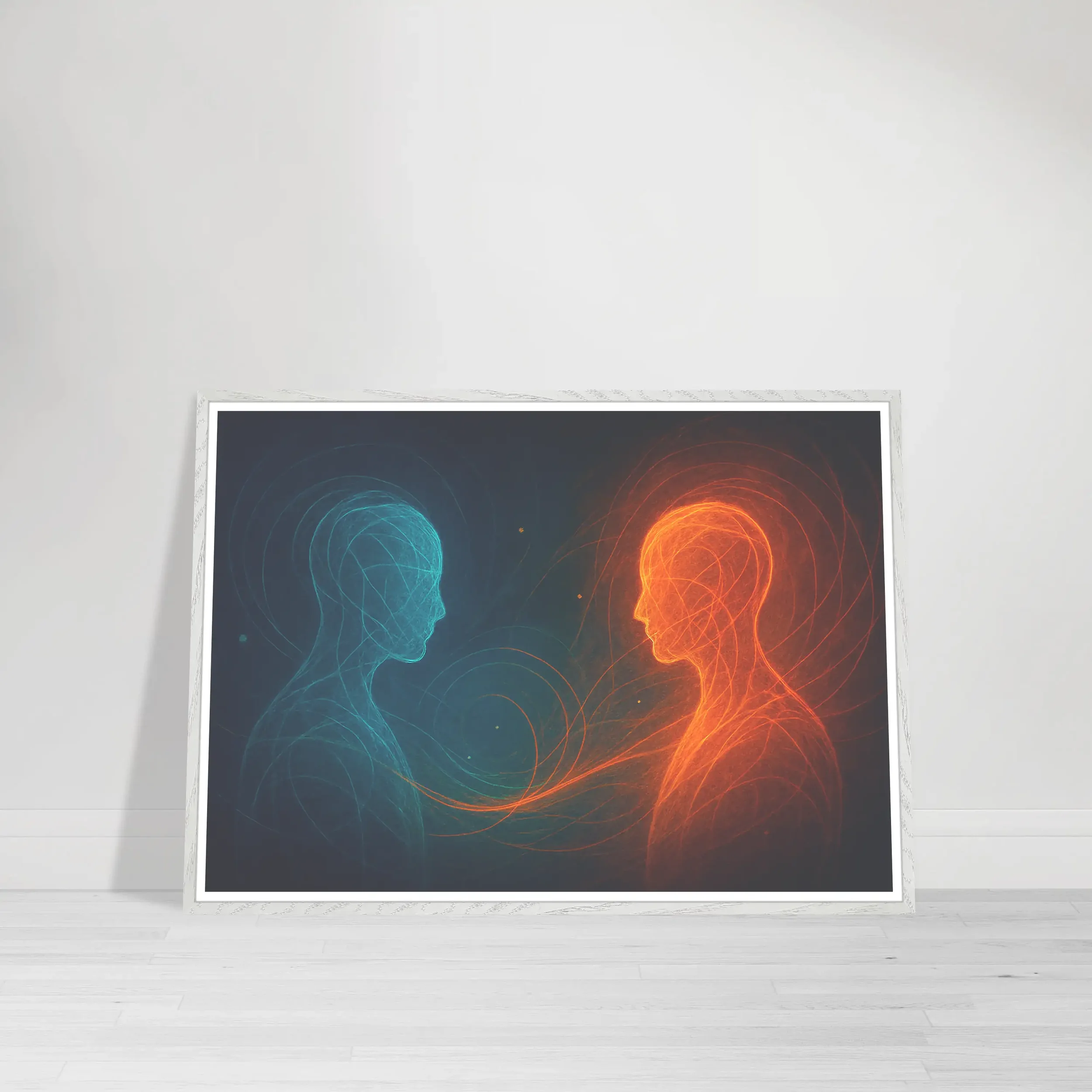 Two luminous abstract human figures in teal and orange facing one another, connected by swirling energy representing inner dialogue and emotional balance. White Frame Wall Art Print