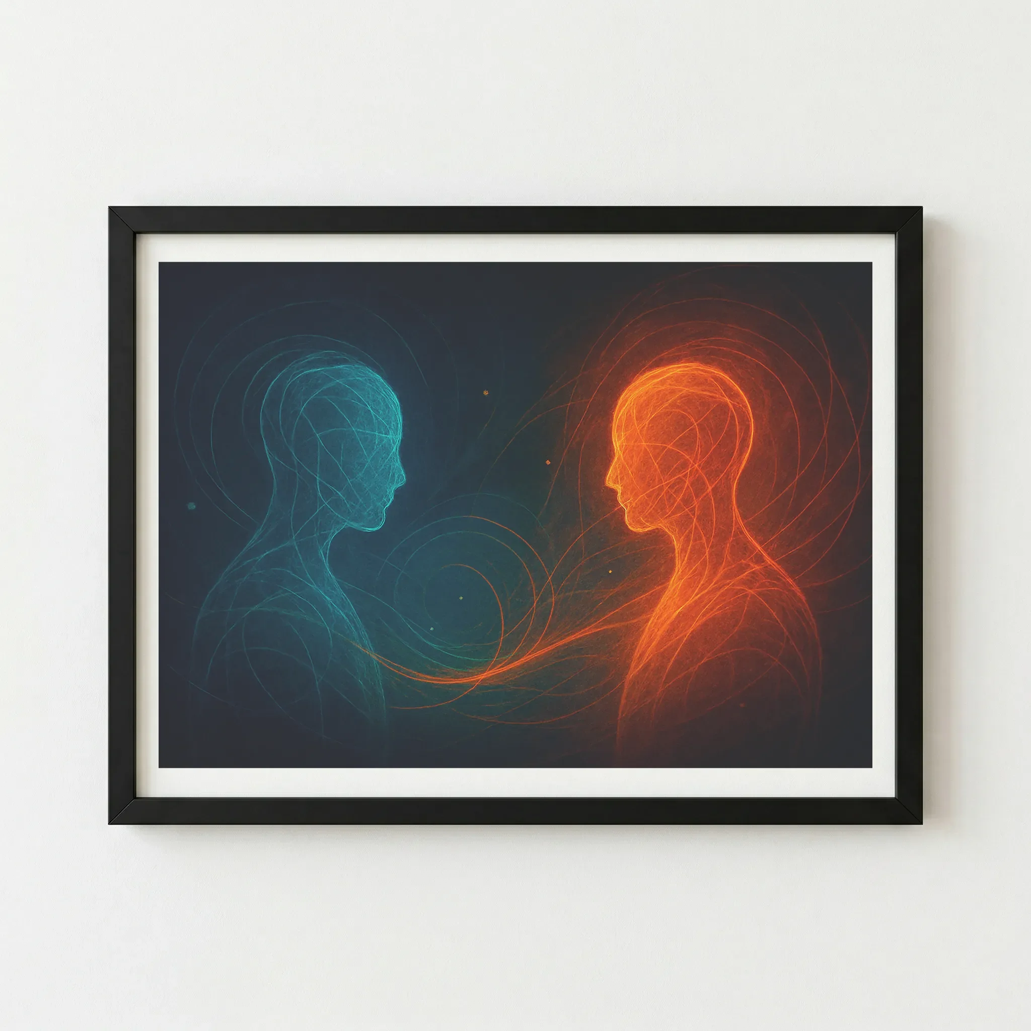 The 'Dialogue of Selves' print in a black wooden frame, which deepens the dark space between the two figures and intensifies the vibrant, contrasting colours.