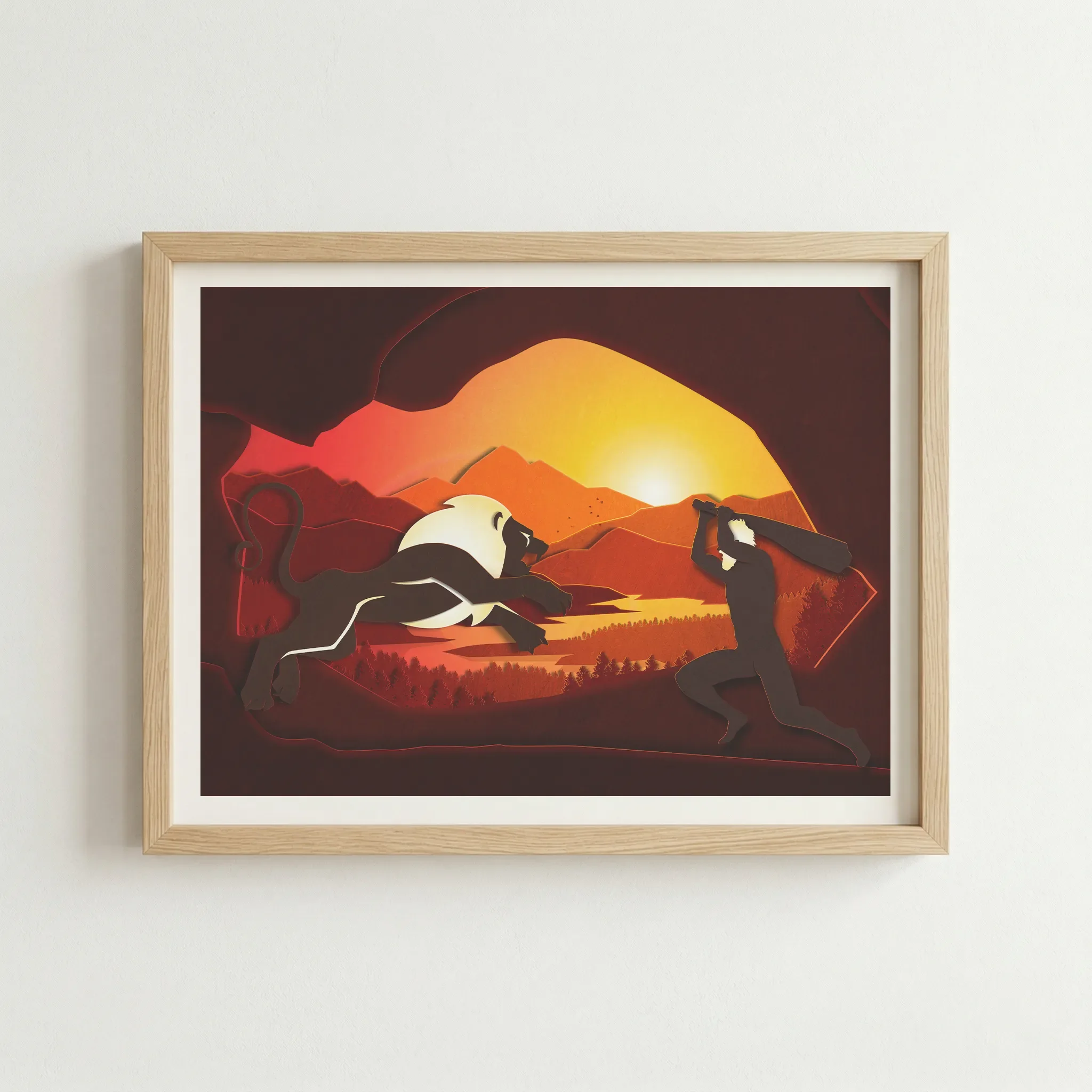 'Leo' zodiac print in a natural wood frame, adding an organic, grounded feel to the ancient Greek mythological scene.